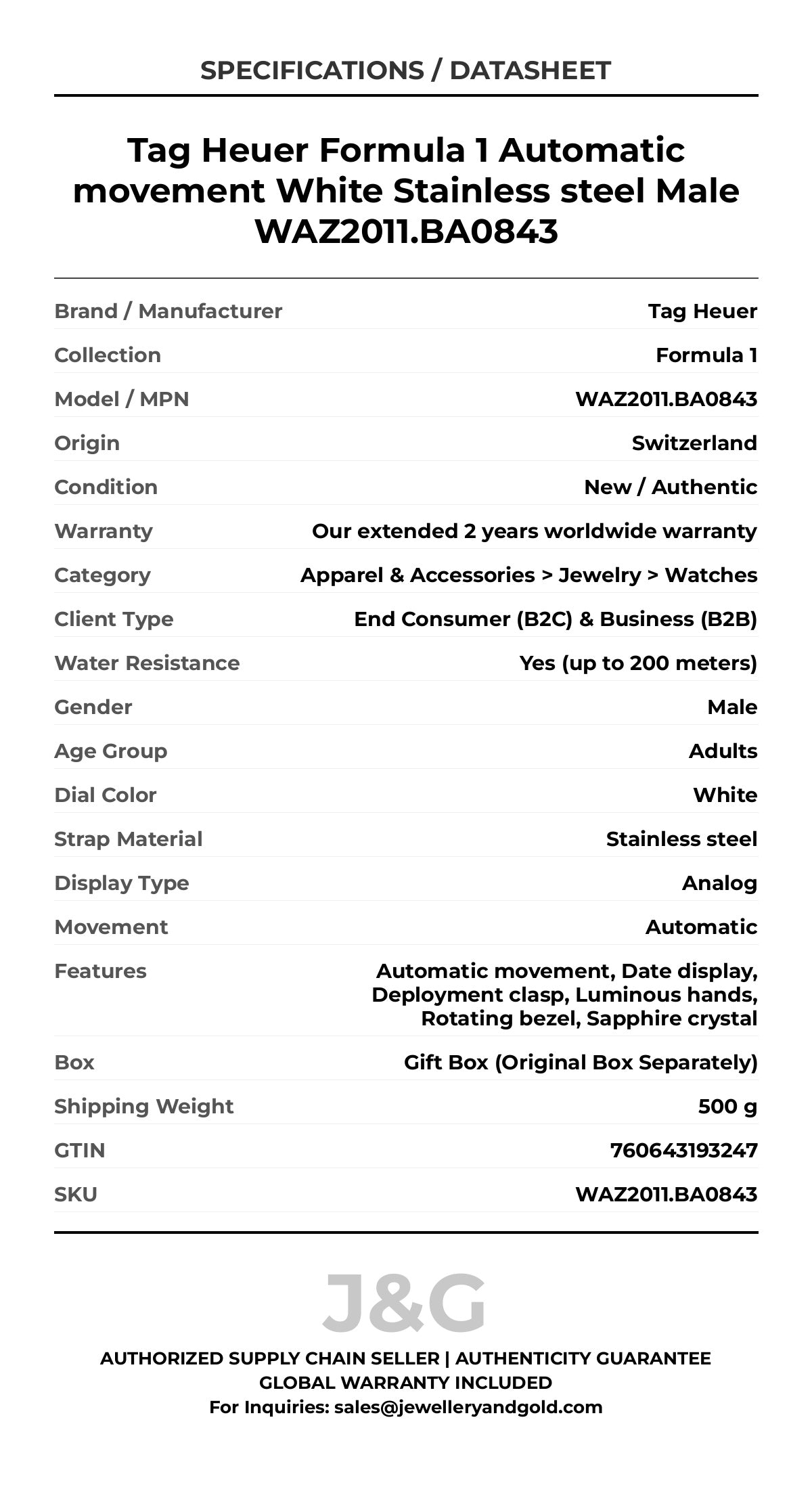 Tag Heuer Formula 1 Automatic movement White Stainless steel Male WAZ2011.BA0843 - Specifications