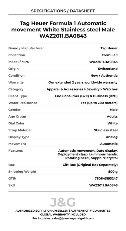 Tag Heuer Formula 1 Automatic movement White Stainless steel Male WAZ2011.BA0843 - Specifications