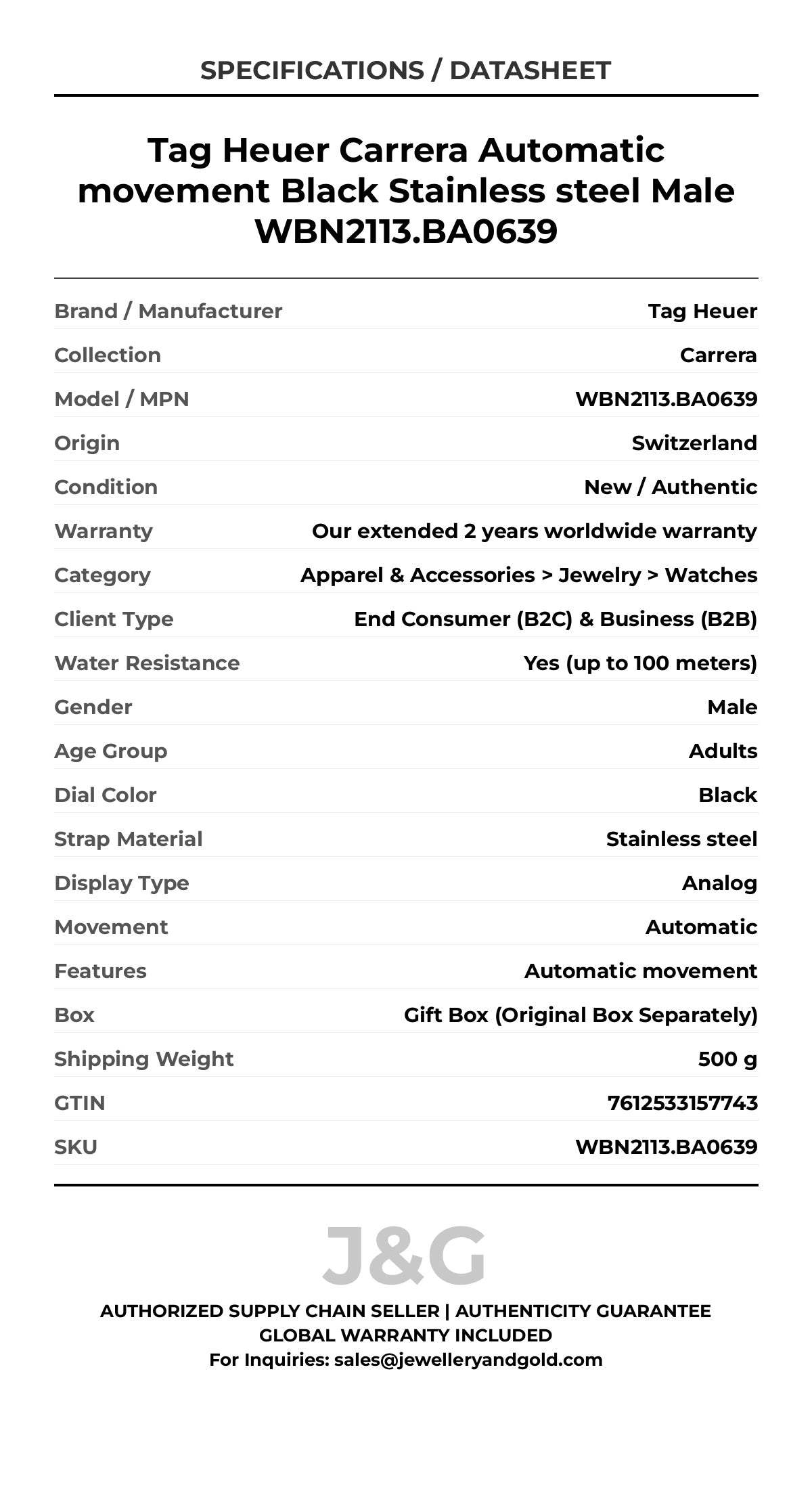 Tag Heuer Carrera Automatic movement Black Stainless steel Male WBN2113.BA0639 - Specifications
