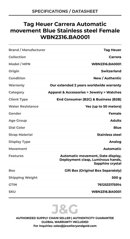 Tag Heuer Carrera Automatic movement Blue Stainless steel Female WBN2316.BA0001 - Specifications