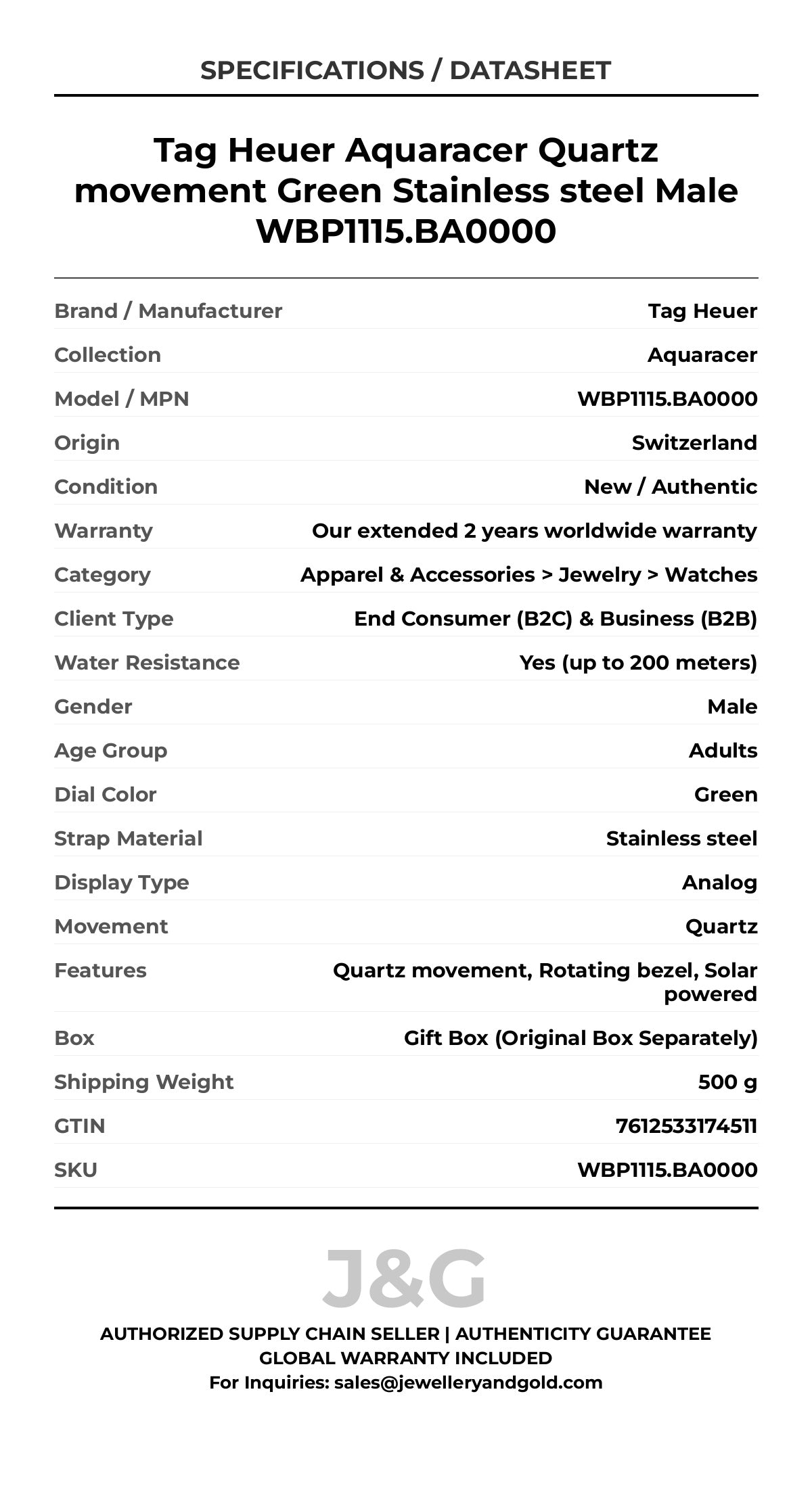 Tag Heuer Aquaracer Quartz movement Green Stainless steel Male WBP1115.BA0000 - Specifications