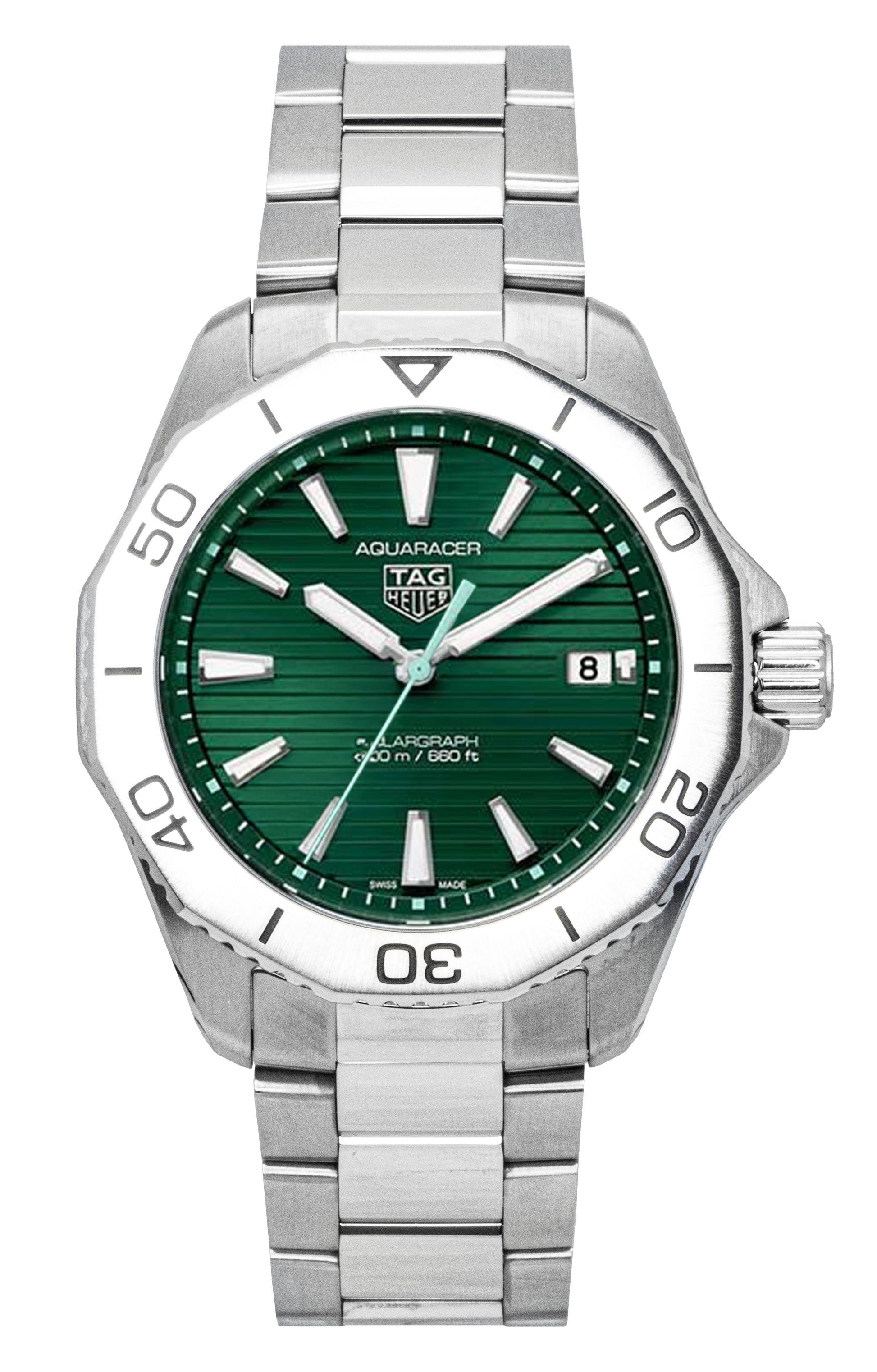 Tag Heuer Aquaracer Quartz movement Green Stainless steel Male WBP1115.BA0000. A brand-new Tag Heuer Aquaracer watch featuring a Green dial and a Stainless steel strap. Side view.