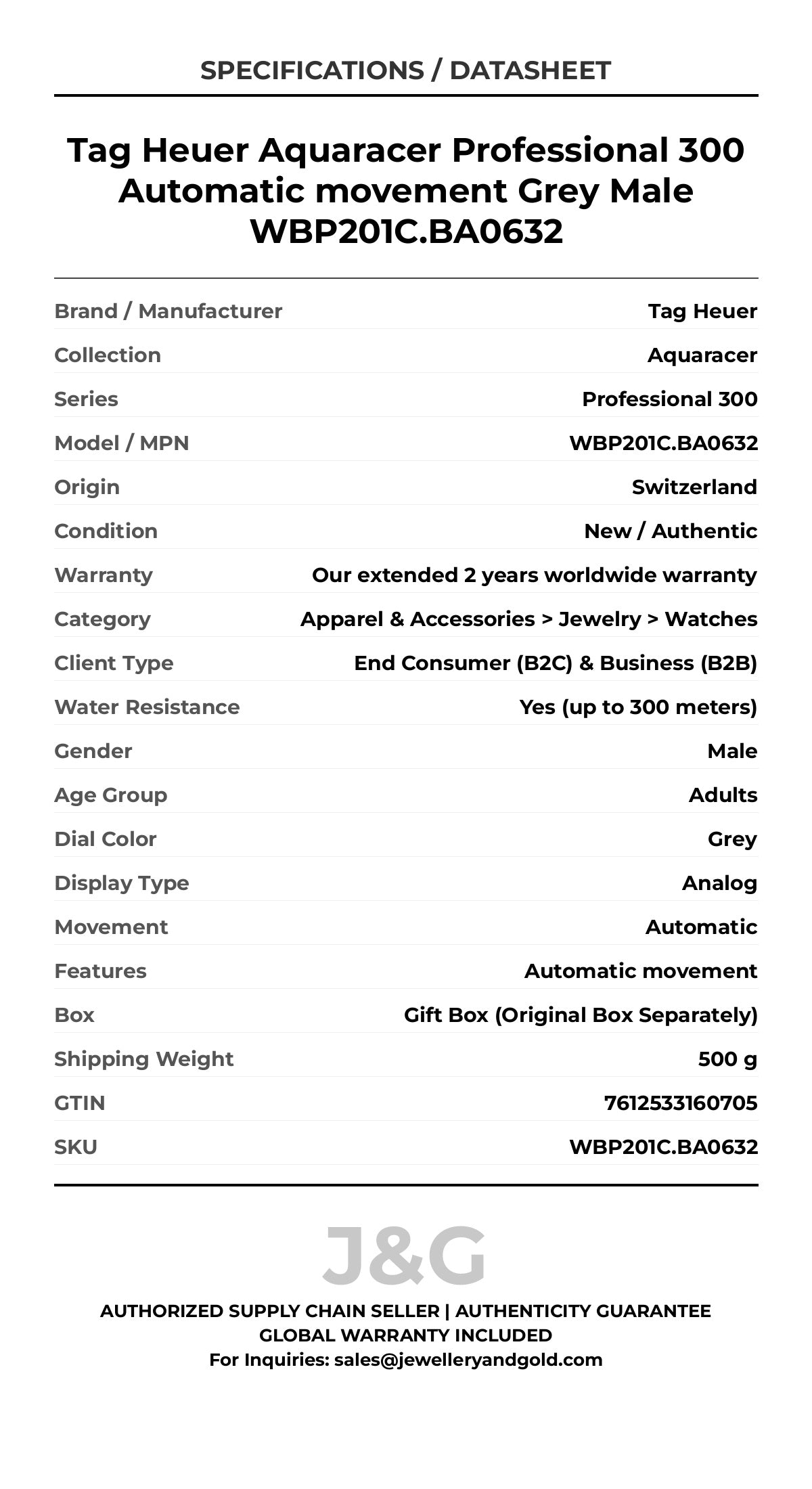 Tag Heuer Aquaracer Professional 300 Automatic movement Grey Male WBP201C.BA0632 - Specifications