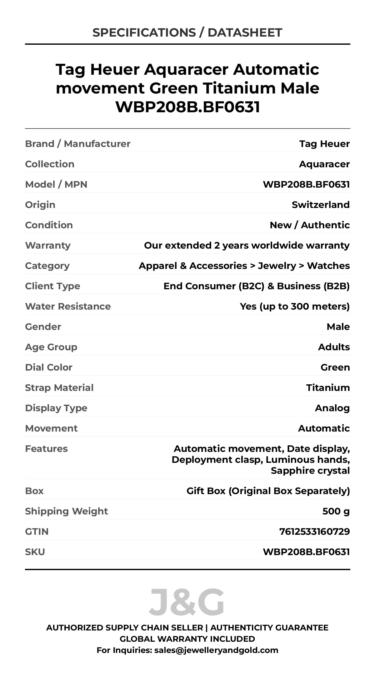 Tag Heuer Aquaracer Automatic movement Green Titanium Male WBP208B.BF0631 - Specifications