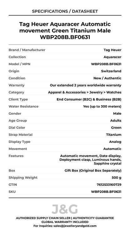 Tag Heuer Aquaracer Automatic movement Green Titanium Male WBP208B.BF0631 - Specifications