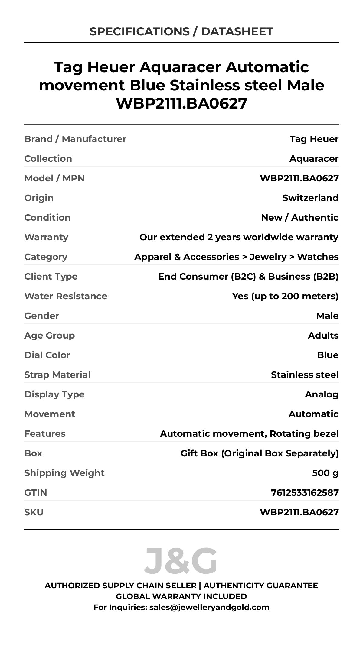 Tag Heuer Aquaracer Automatic movement Blue Stainless steel Male WBP2111.BA0627 - Specifications