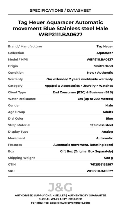 Tag Heuer Aquaracer Automatic movement Blue Stainless steel Male WBP2111.BA0627 - Specifications