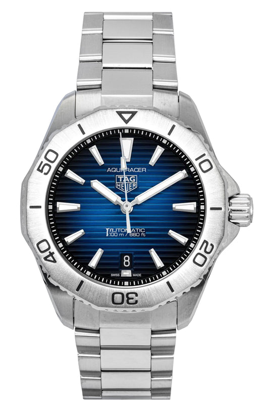 Tag Heuer Aquaracer Automatic movement Blue Stainless steel Male WBP2111.BA0627. A brand-new Tag Heuer Aquaracer watch featuring a Blue dial and a Stainless steel strap. Front view.
