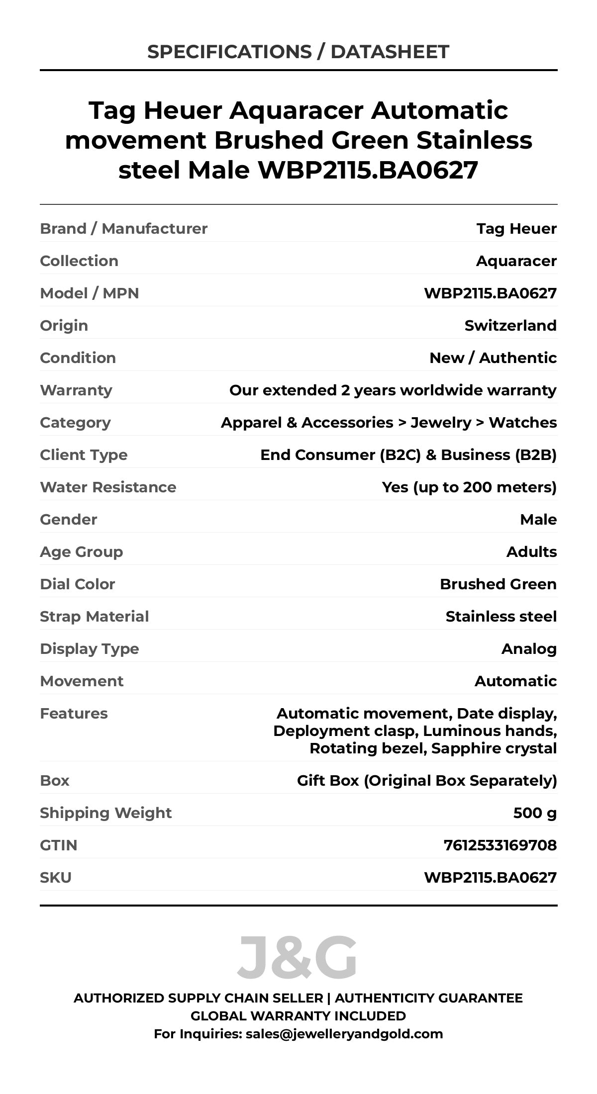 Tag Heuer Aquaracer Automatic movement Brushed Green Stainless steel Male WBP2115.BA0627 - Specifications