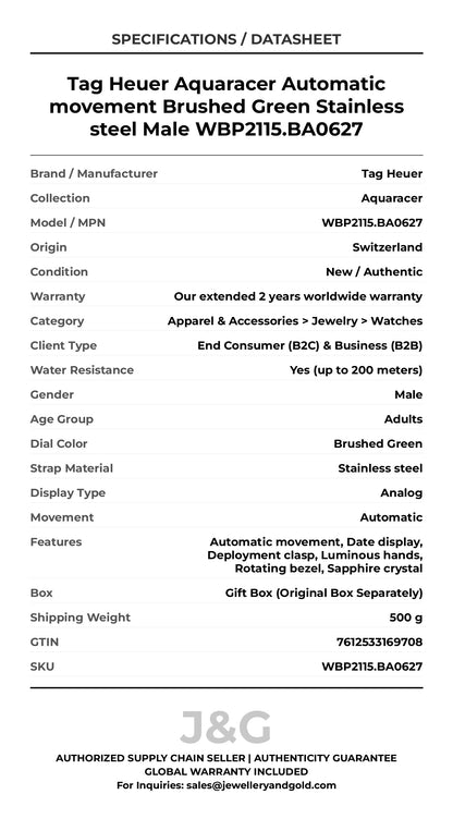Tag Heuer Aquaracer Automatic movement Brushed Green Stainless steel Male WBP2115.BA0627 - Specifications