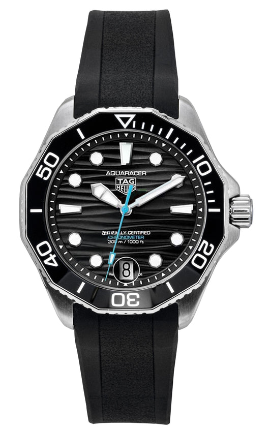 Tag Heuer Aquaracer Automatic movement Black Rubber Male WBP5110.FT6257. A brand-new Tag Heuer Aquaracer watch featuring a Black dial and a Rubber strap. Angled view.
