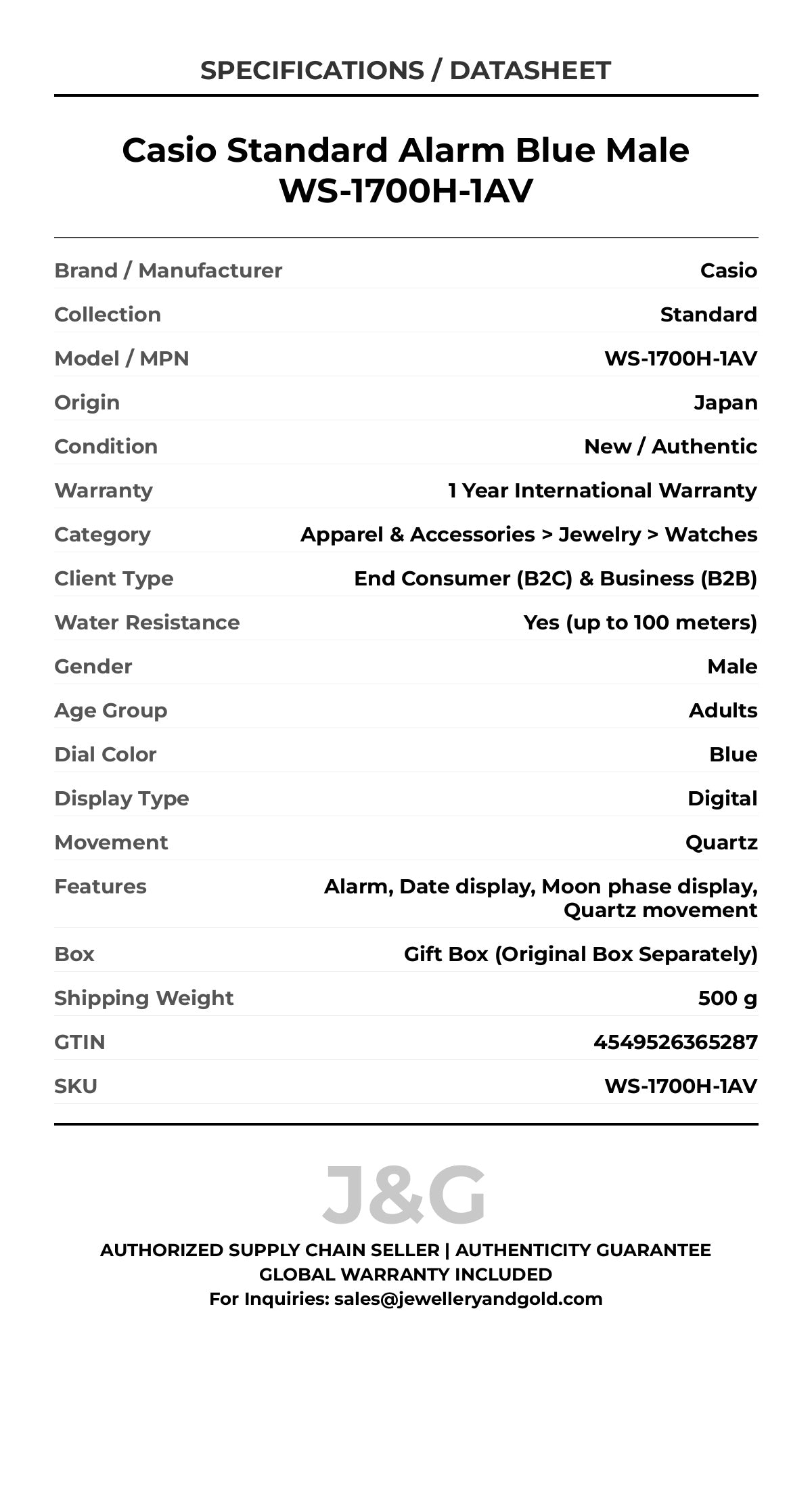 Casio Standard Alarm Blue Male WS-1700H-1AV - Specifications
