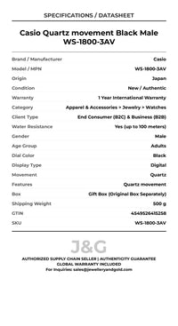 Casio Quartz movement Black Male WS-1800-3AV - Specifications