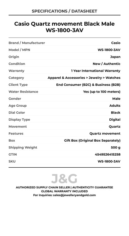 Casio Quartz movement Black Male WS-1800-3AV - Specifications