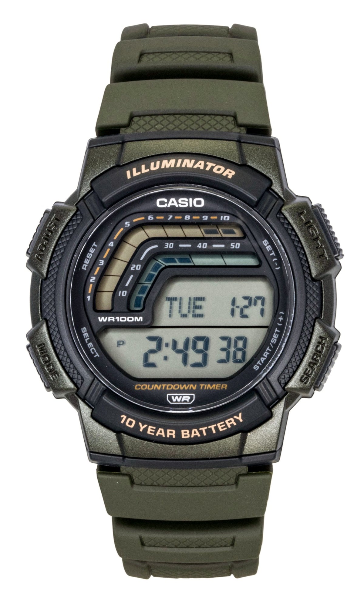 Casio Quartz movement Black Male WS-1800-3AV. A brand-new Casio watch featuring a Black dial. Front view.