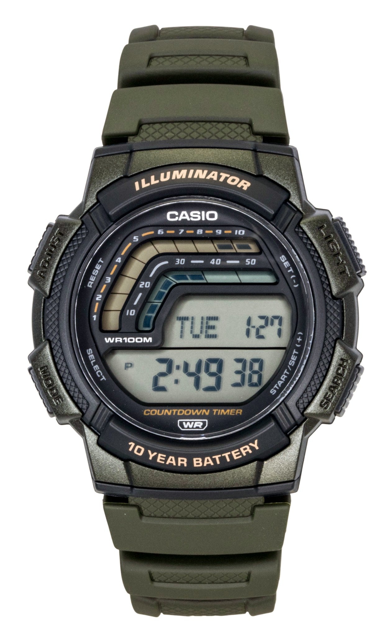 Casio Quartz movement Black Male WS-1800-3AV. A brand-new Casio watch featuring a Black dial. Front view.