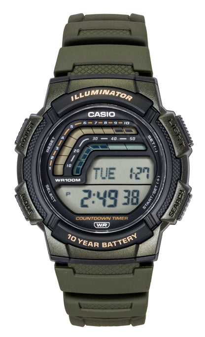 Casio Quartz movement Black Male WS-1800-3AV. A brand-new Casio watch featuring a Black dial. Front view.