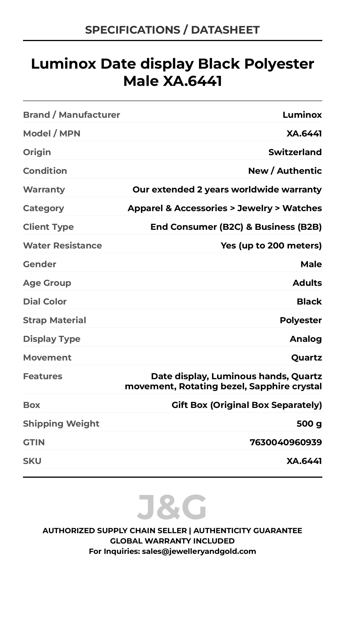 Luminox Date display Black Polyester Male XA.6441 - Specifications