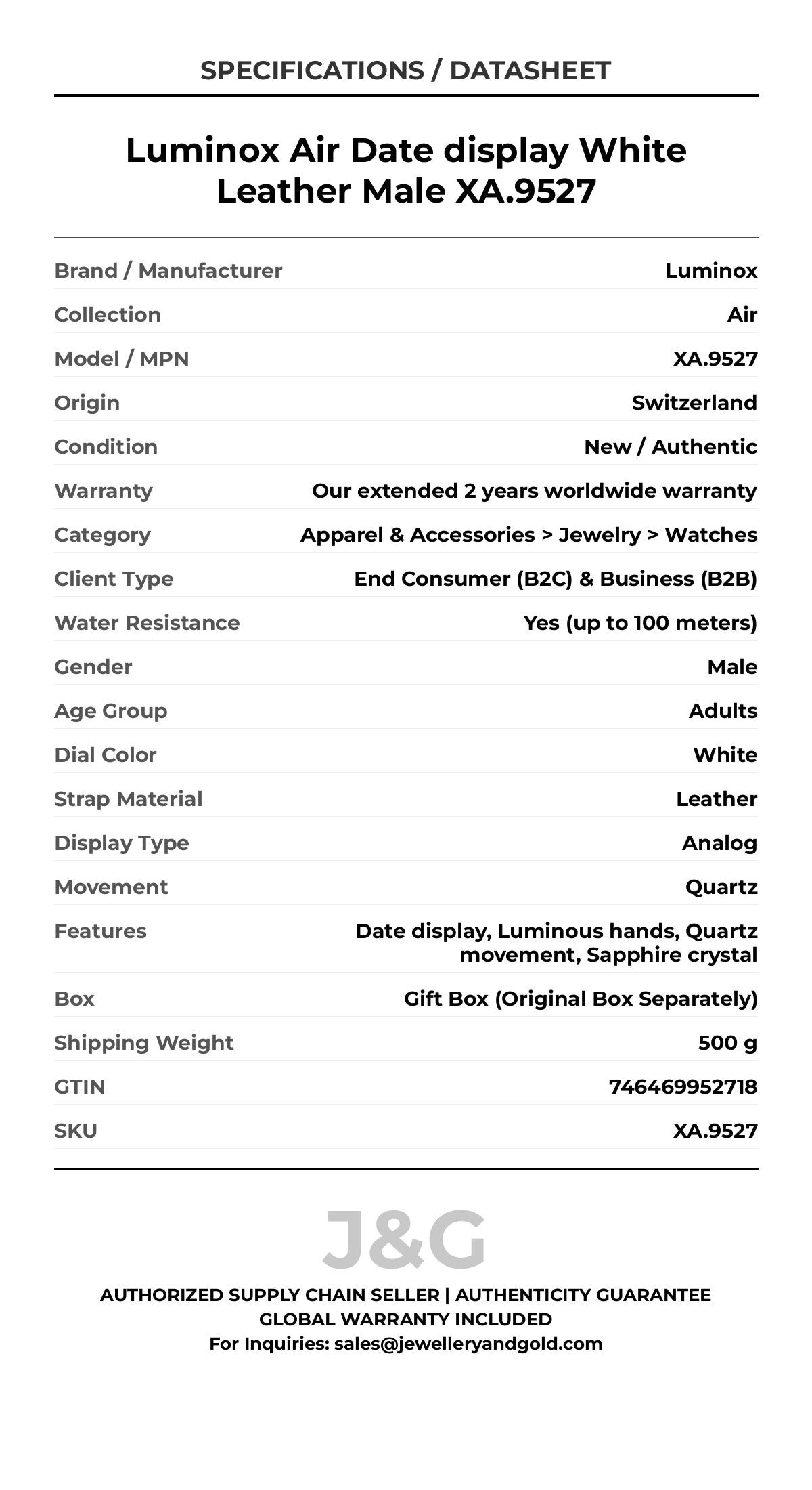 Luminox Air Date display White Leather Male XA.9527 - Specifications