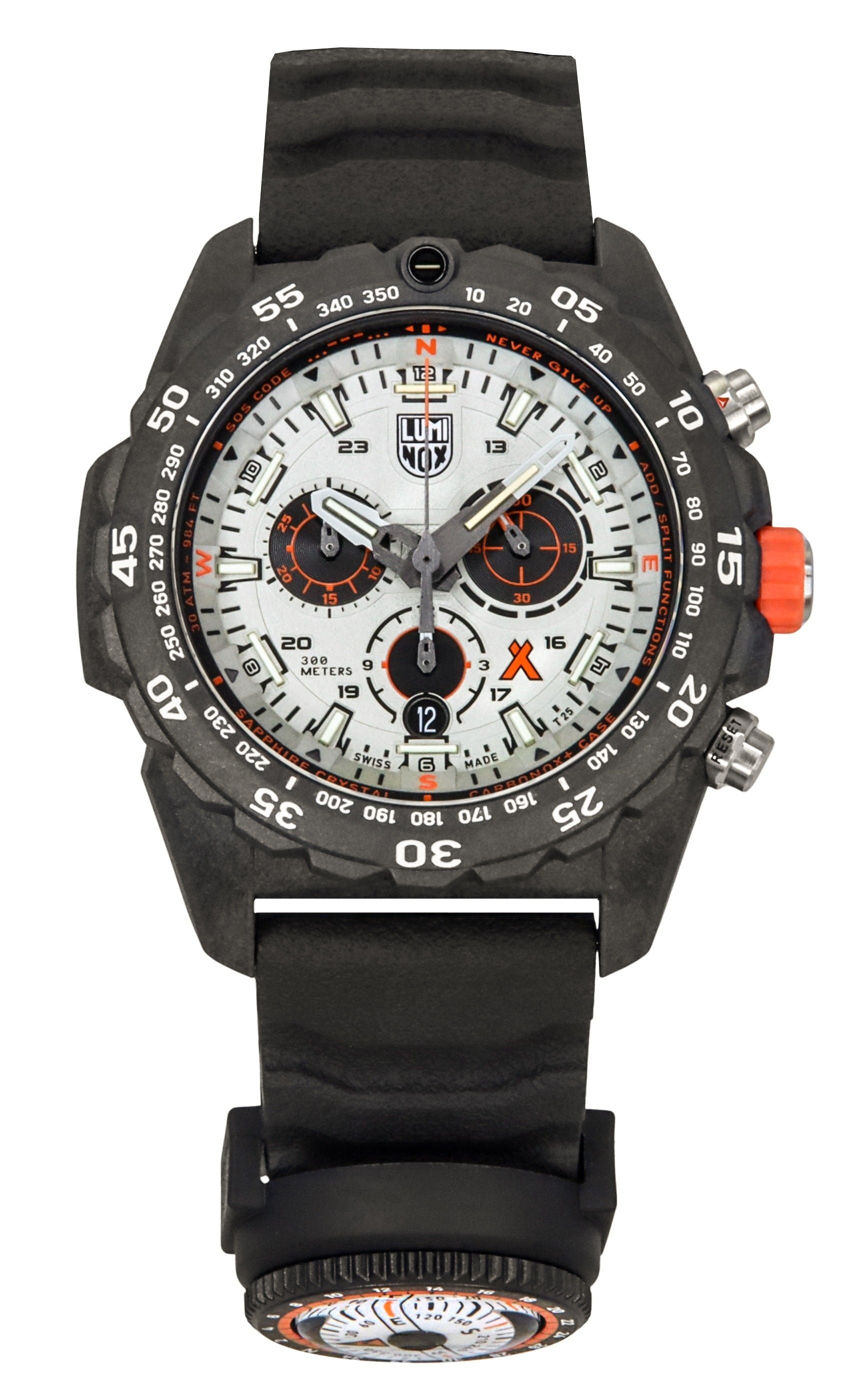 Luminox Bear Grylls Quartz movement Silver Rubber Male XB.3748. A brand-new Luminox Bear Grylls watch featuring a Silver dial and a Rubber strap. Side view.