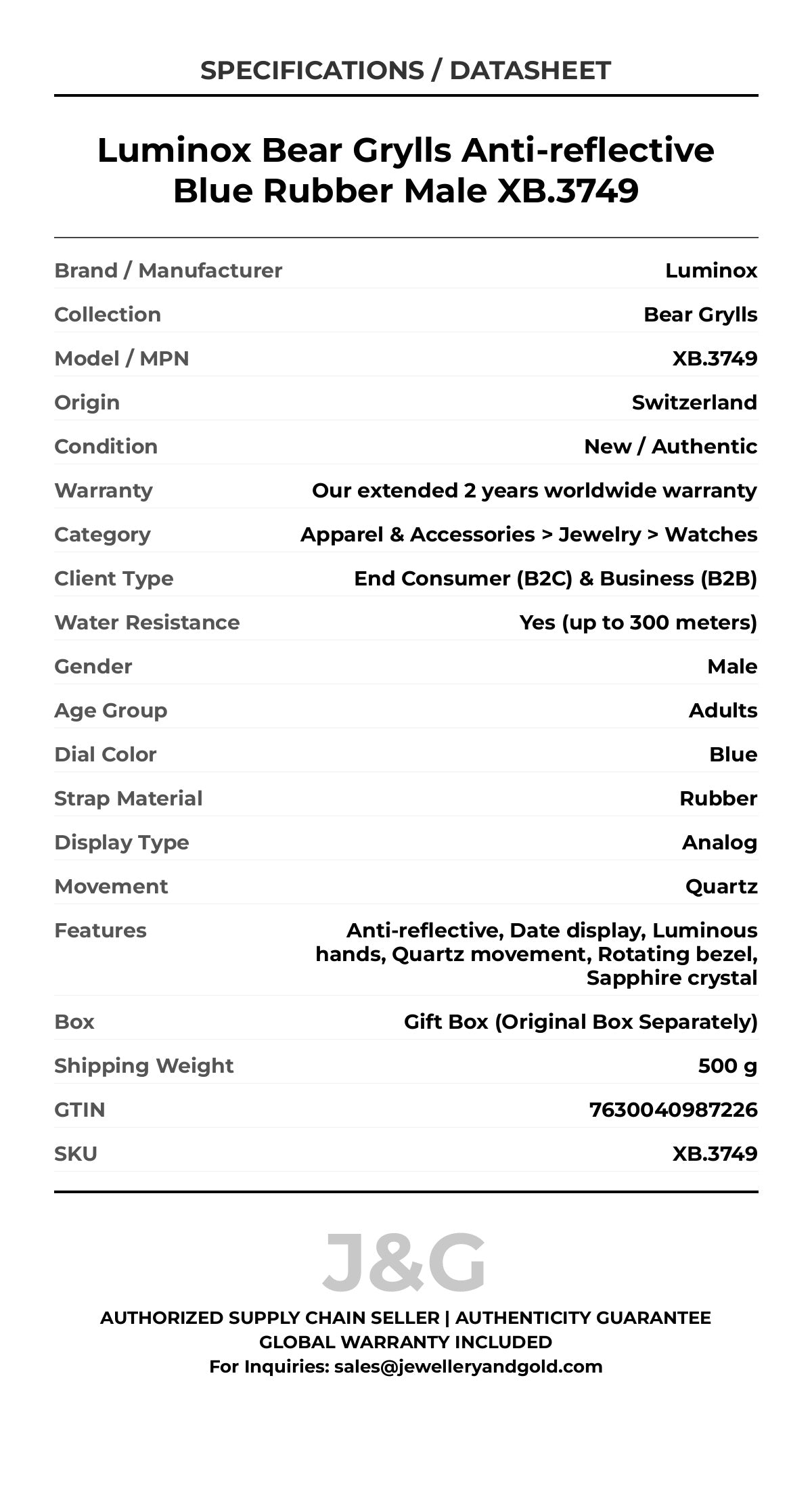 Luminox Bear Grylls Anti-reflective Blue Rubber Male XB.3749 - Specifications