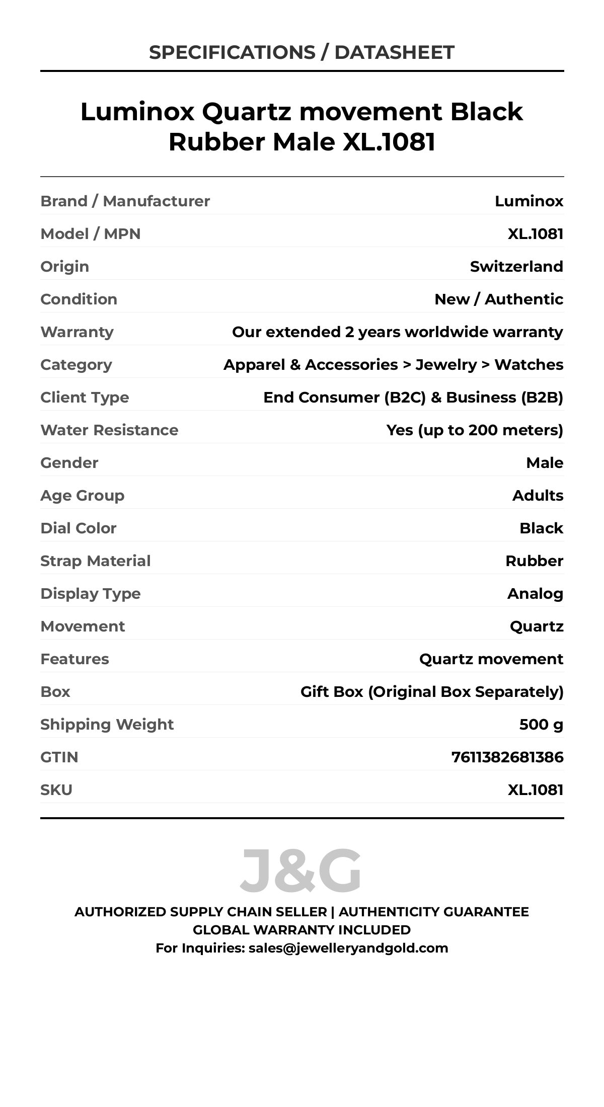 Luminox Quartz movement Black Rubber Male XL.1081 - Specifications