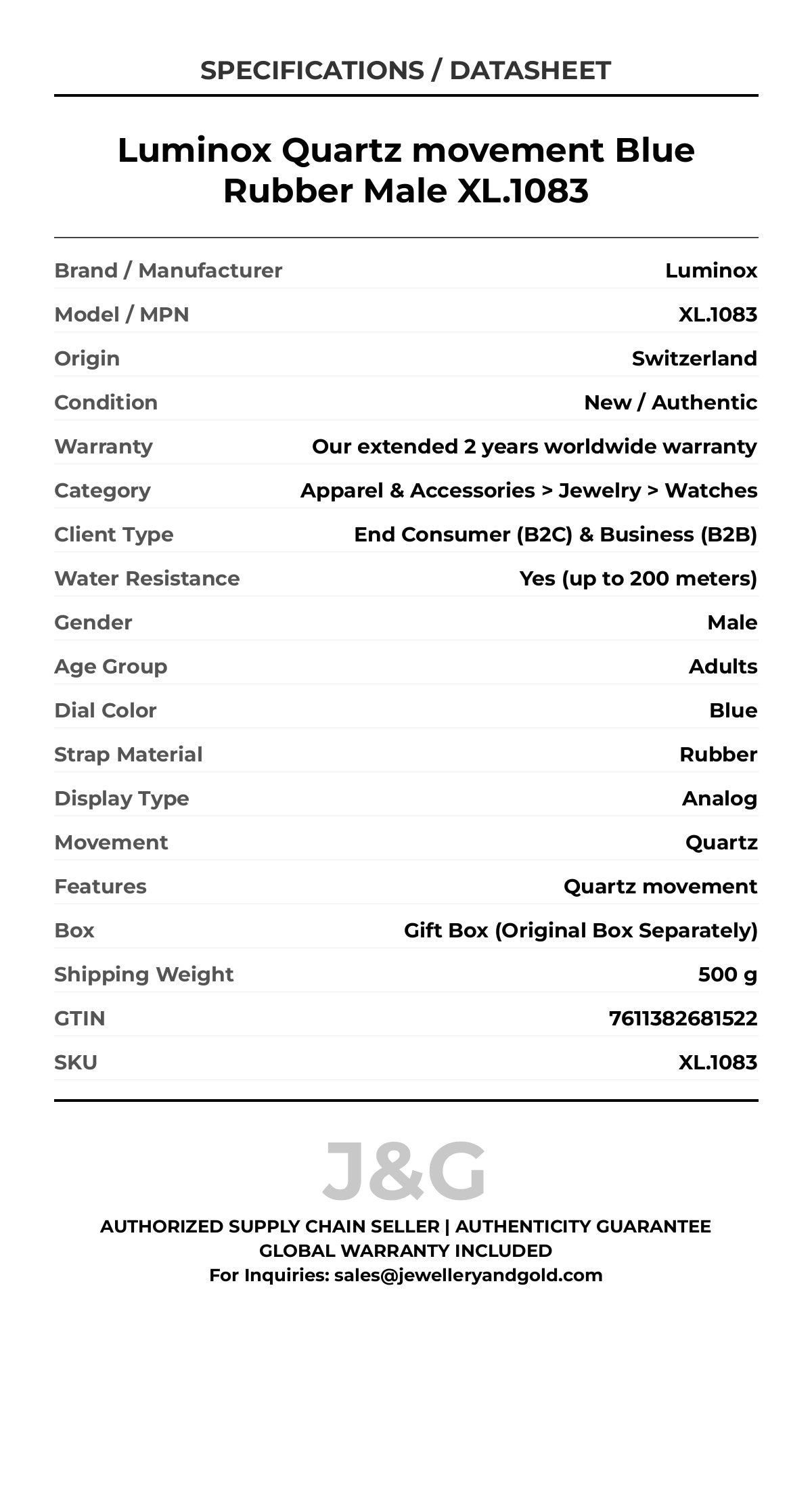 Luminox Quartz movement Blue Rubber Male XL.1083 - Specifications