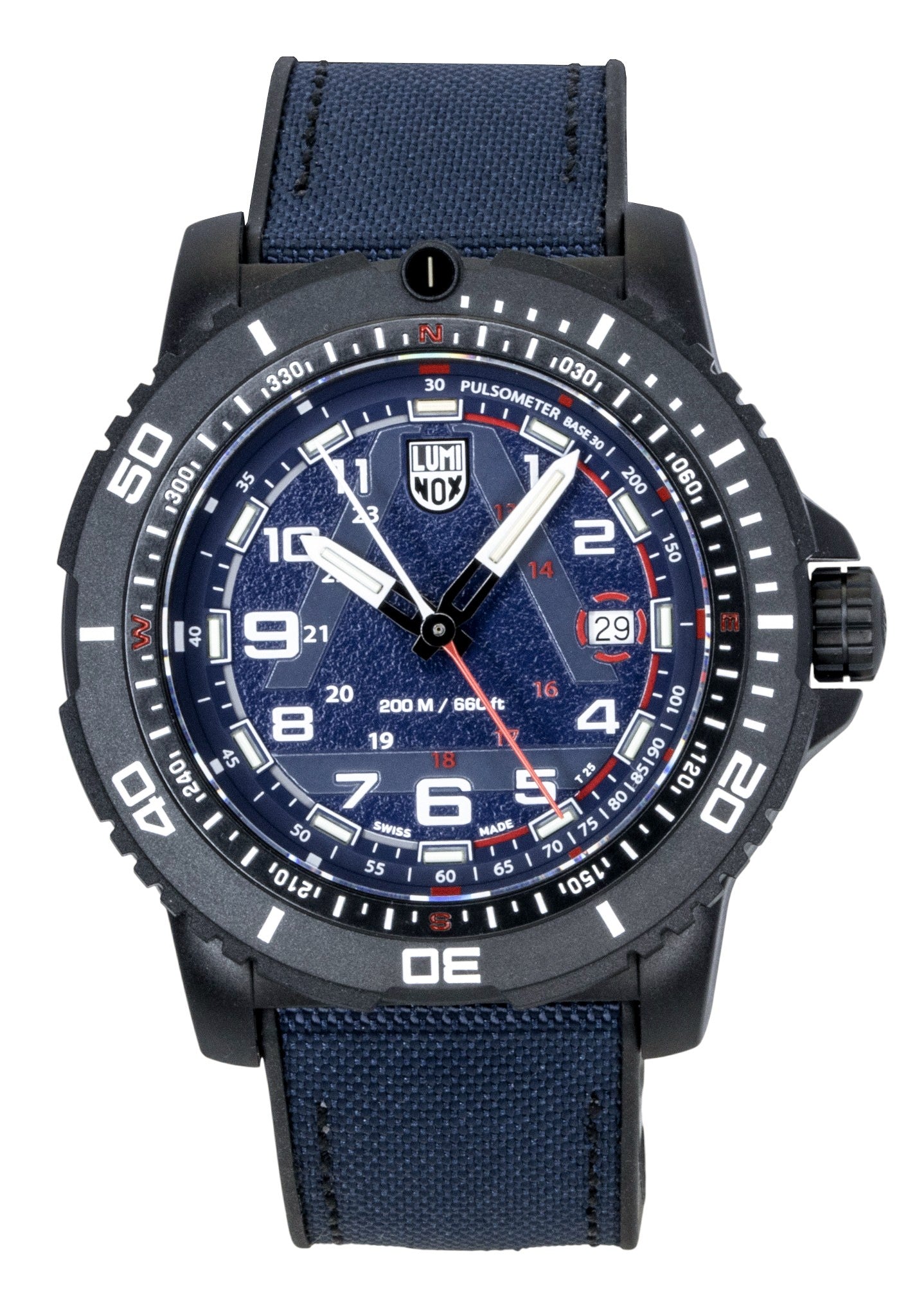 Luminox Quartz movement Blue Rubber Male XL.1083. A brand-new Luminox watch featuring a Blue dial and a Rubber strap. Side view.