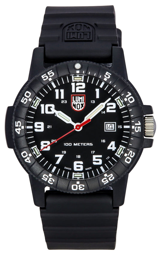 Luminox Sea Leatherback Turtle Date display Black Polyurethane (PU) Male XS.0321.L. A brand-new Luminox Sea watch featuring a Black dial and a Polyurethane (PU) strap. Angled view.