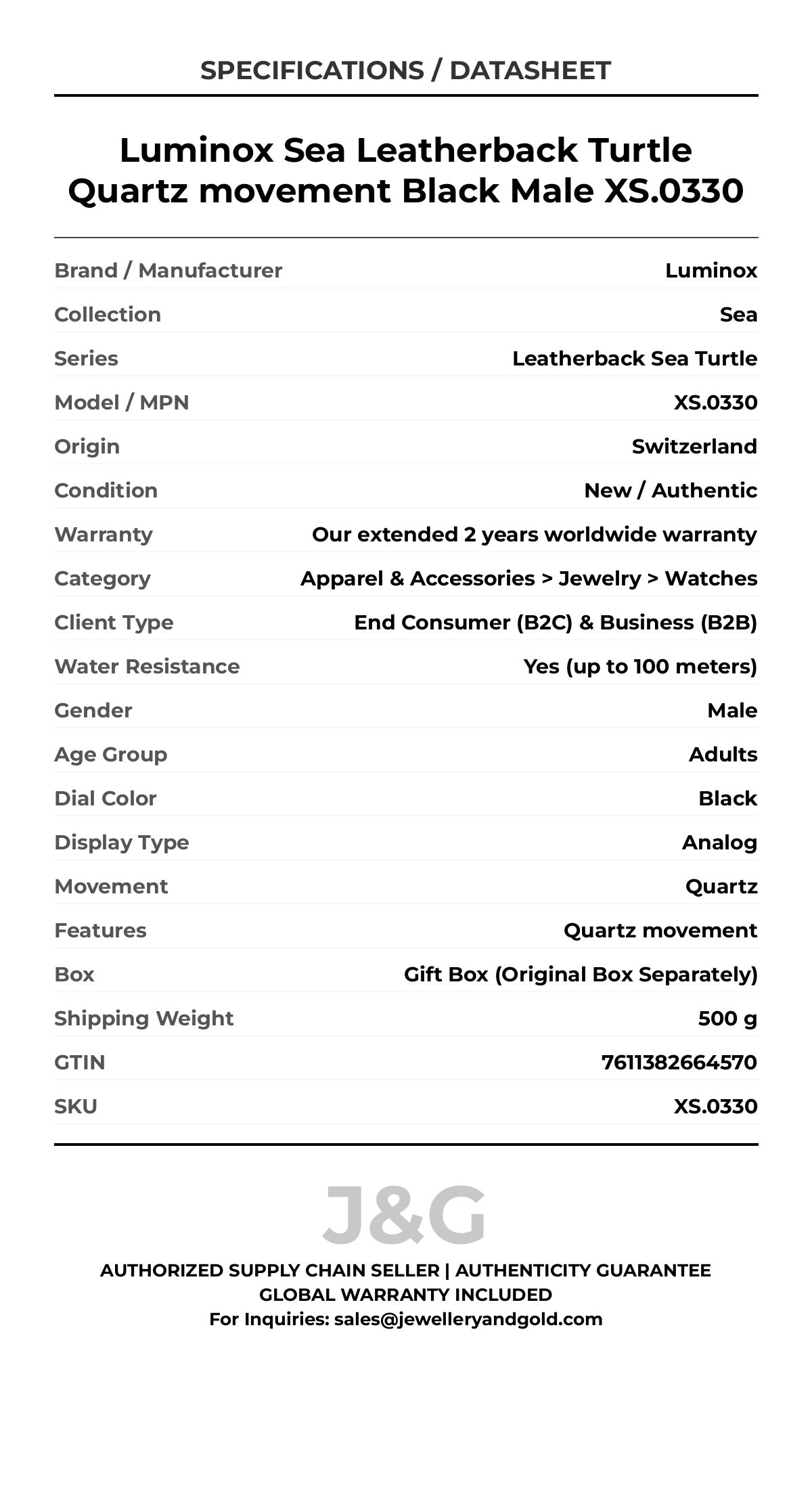Luminox Sea Leatherback Turtle Quartz movement Black Male XS.0330 - Specifications