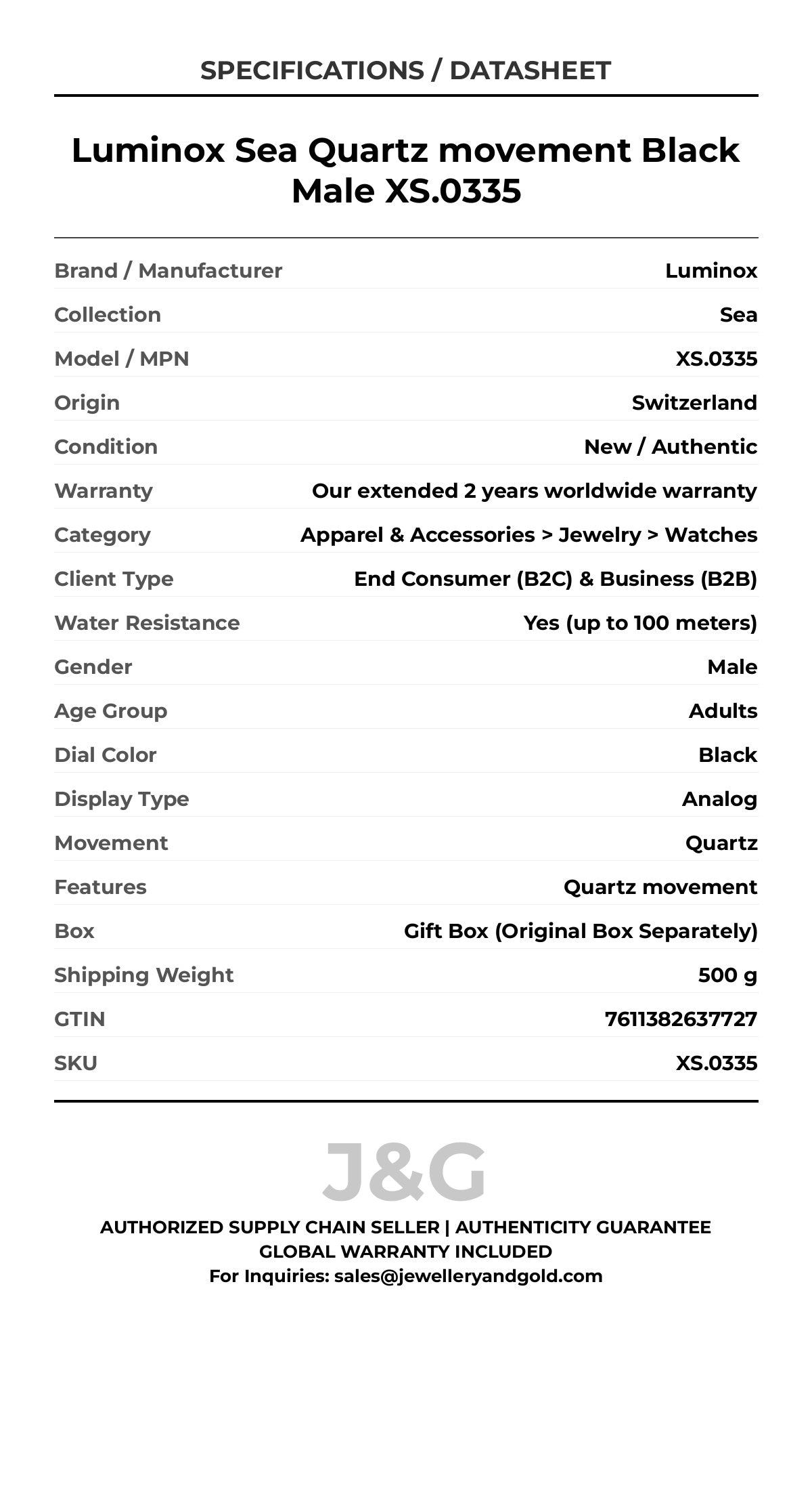 Luminox Sea Quartz movement Black Male XS.0335 - Specifications