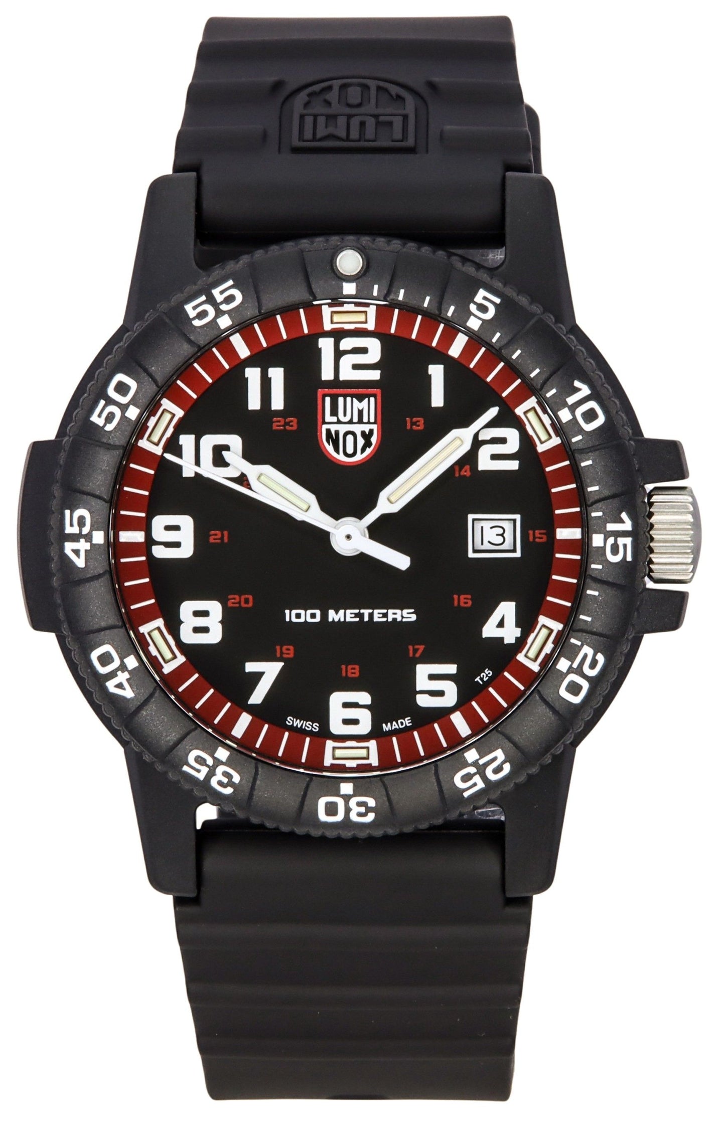 Luminox Sea Quartz movement Black Male XS.0335. A brand-new Luminox Sea watch featuring a Black dial. Side view.