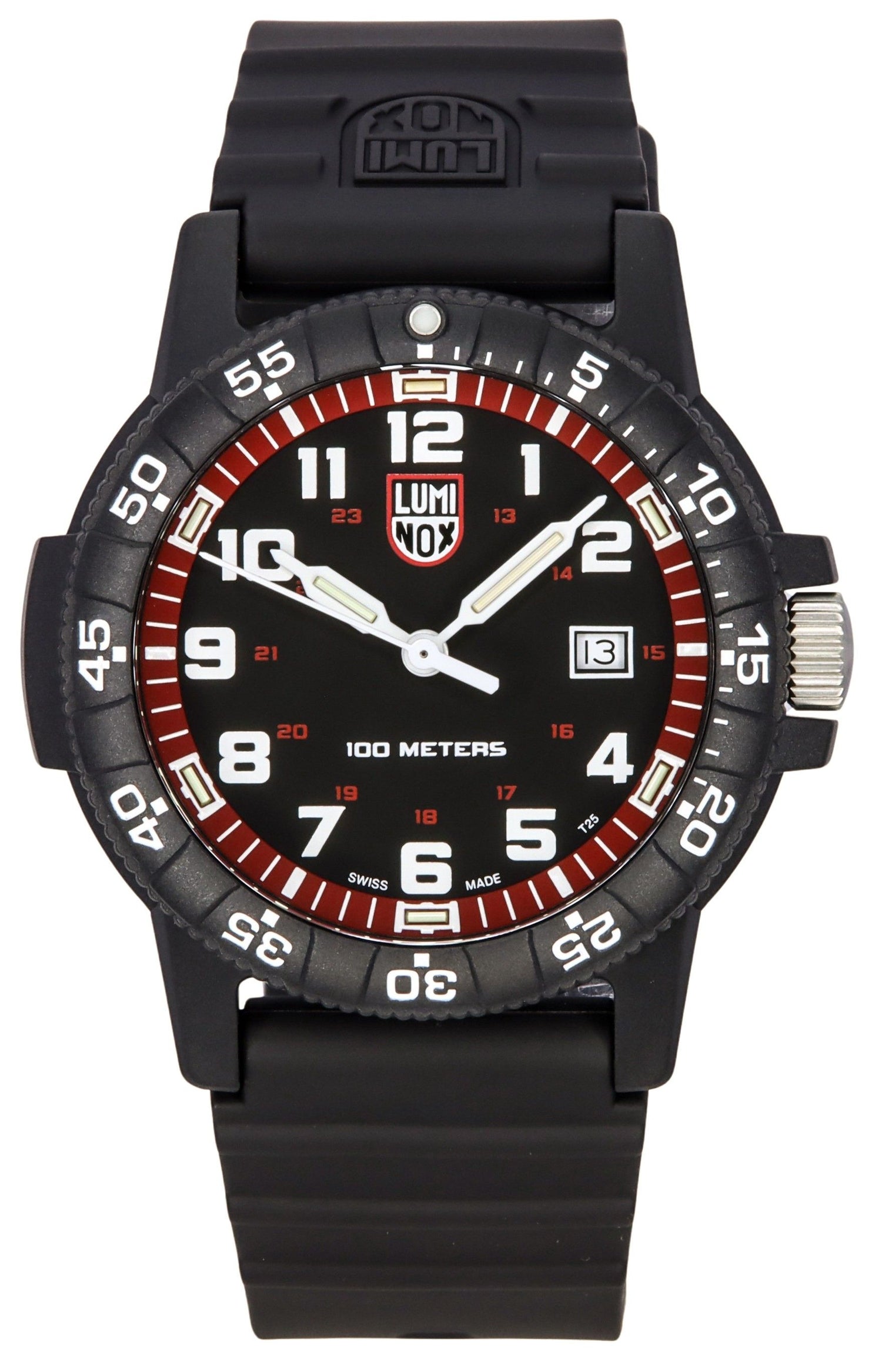 Luminox Sea Quartz movement Black Male XS.0335. A brand-new Luminox Sea watch featuring a Black dial. Side view.