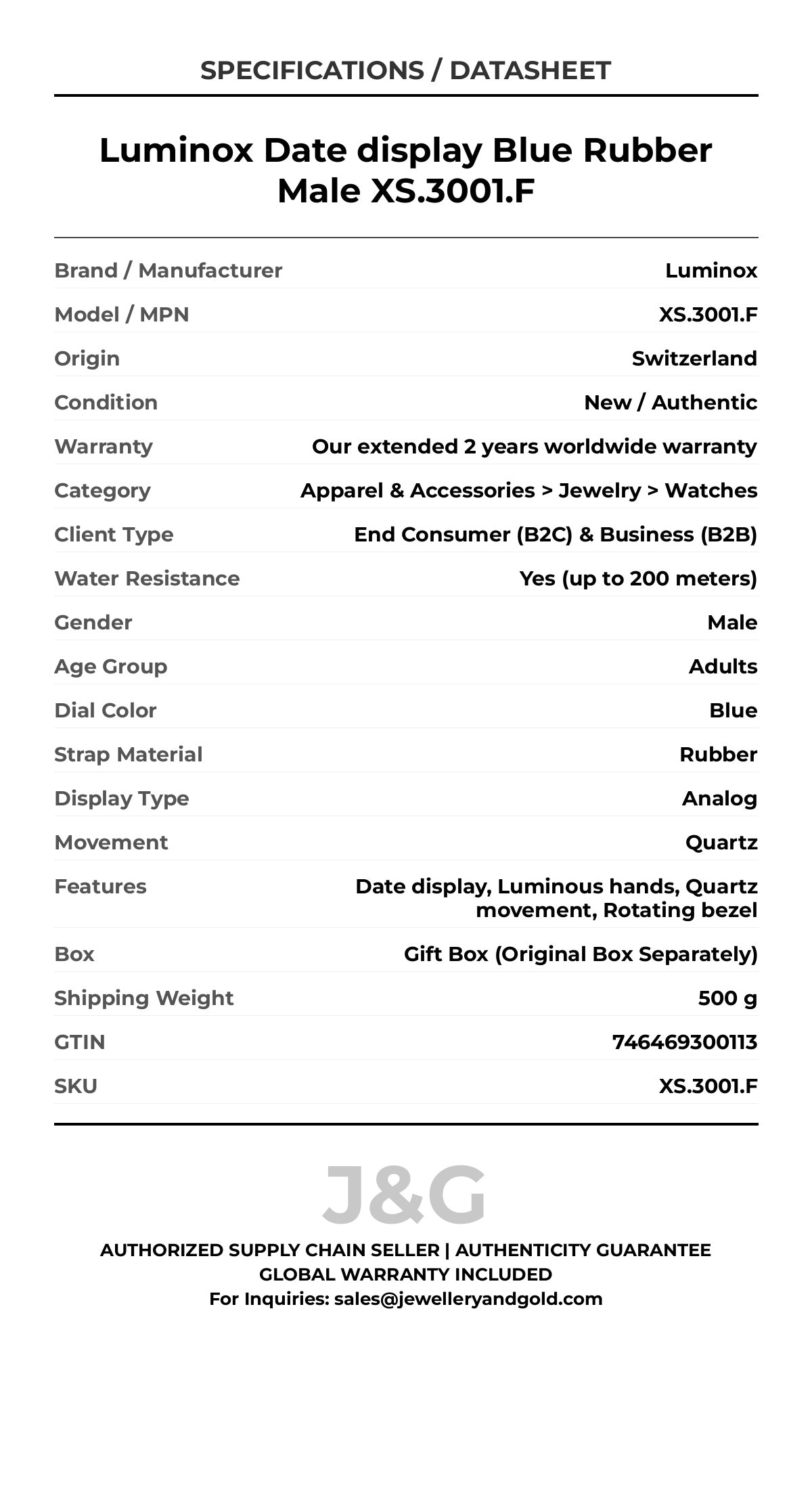 Luminox Date display Blue Rubber Male XS.3001.F - Specifications