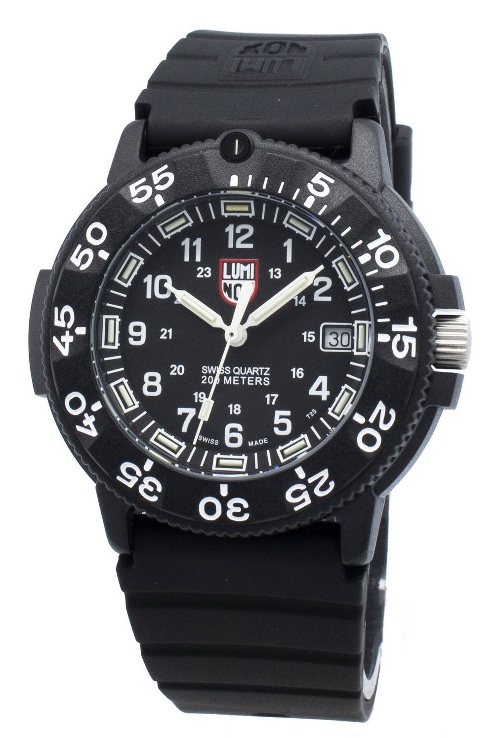 Luminox Date display Blue Rubber Male XS.3001.F. A brand-new Luminox watch featuring a Blue dial and a Rubber strap. Side view.