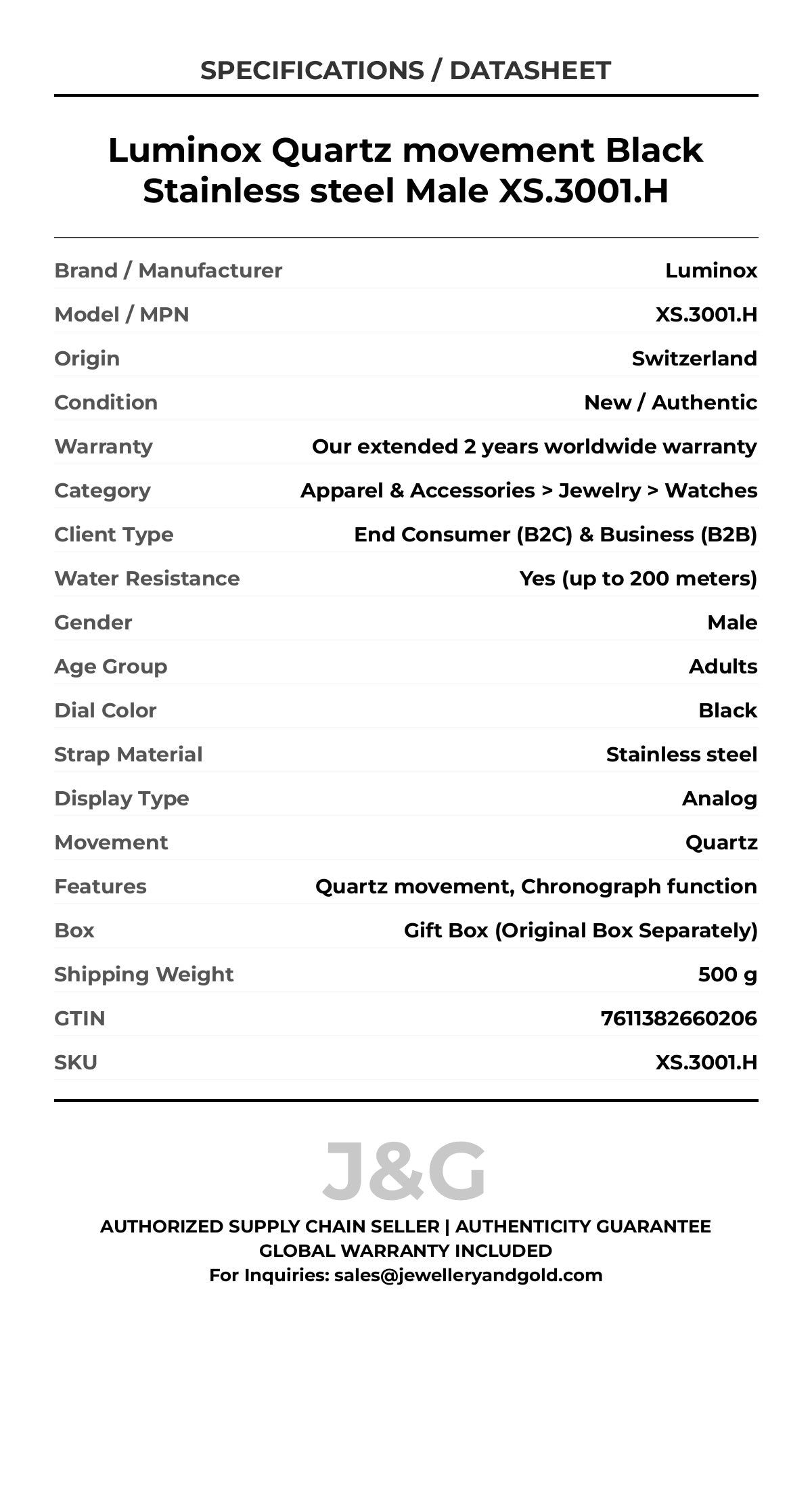 Luminox Quartz movement Black Stainless steel Male XS.3001.H - Specifications