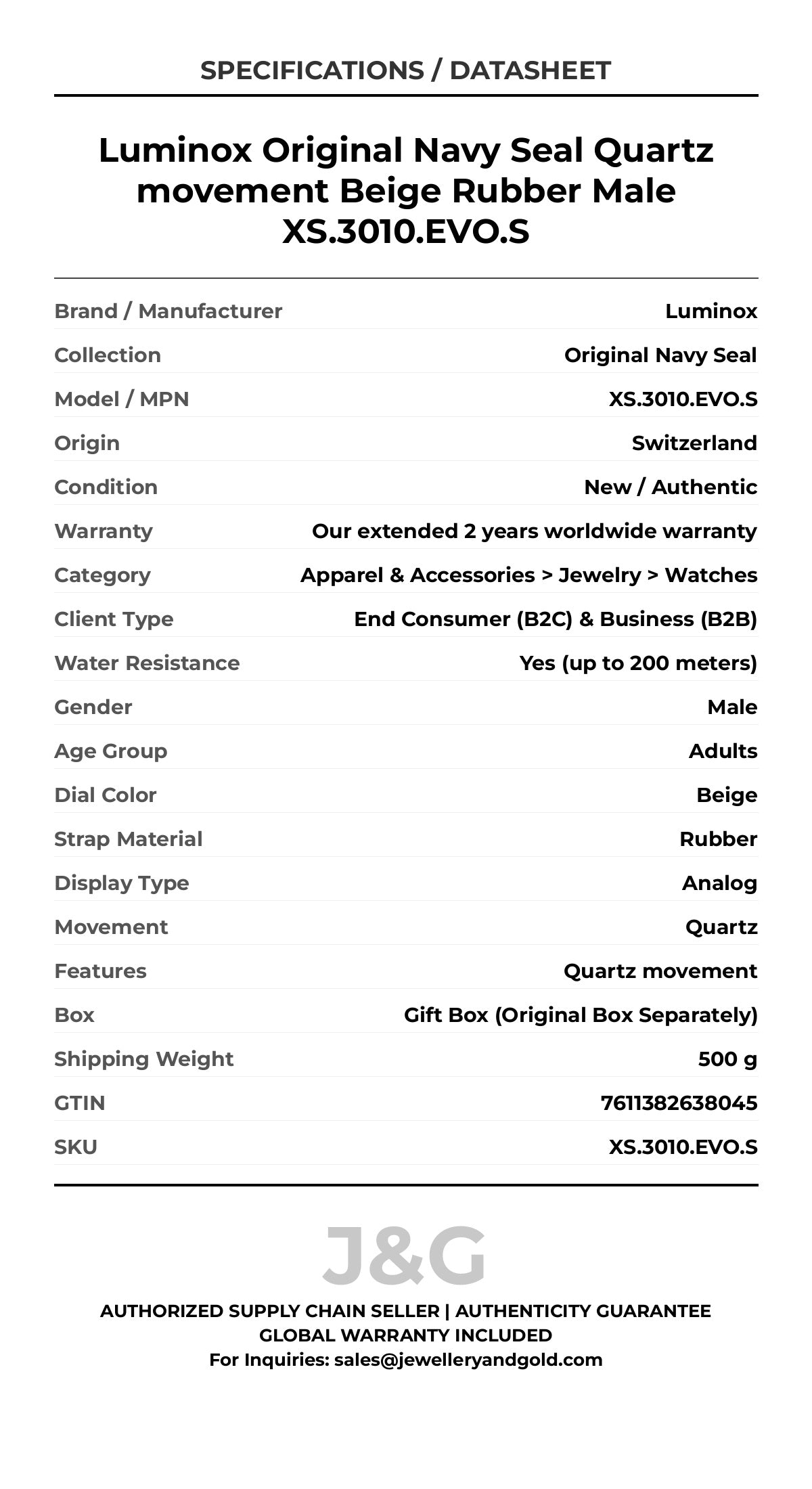 Luminox Original Navy Seal Quartz movement Beige Rubber Male XS.3010.EVO.S - Specifications