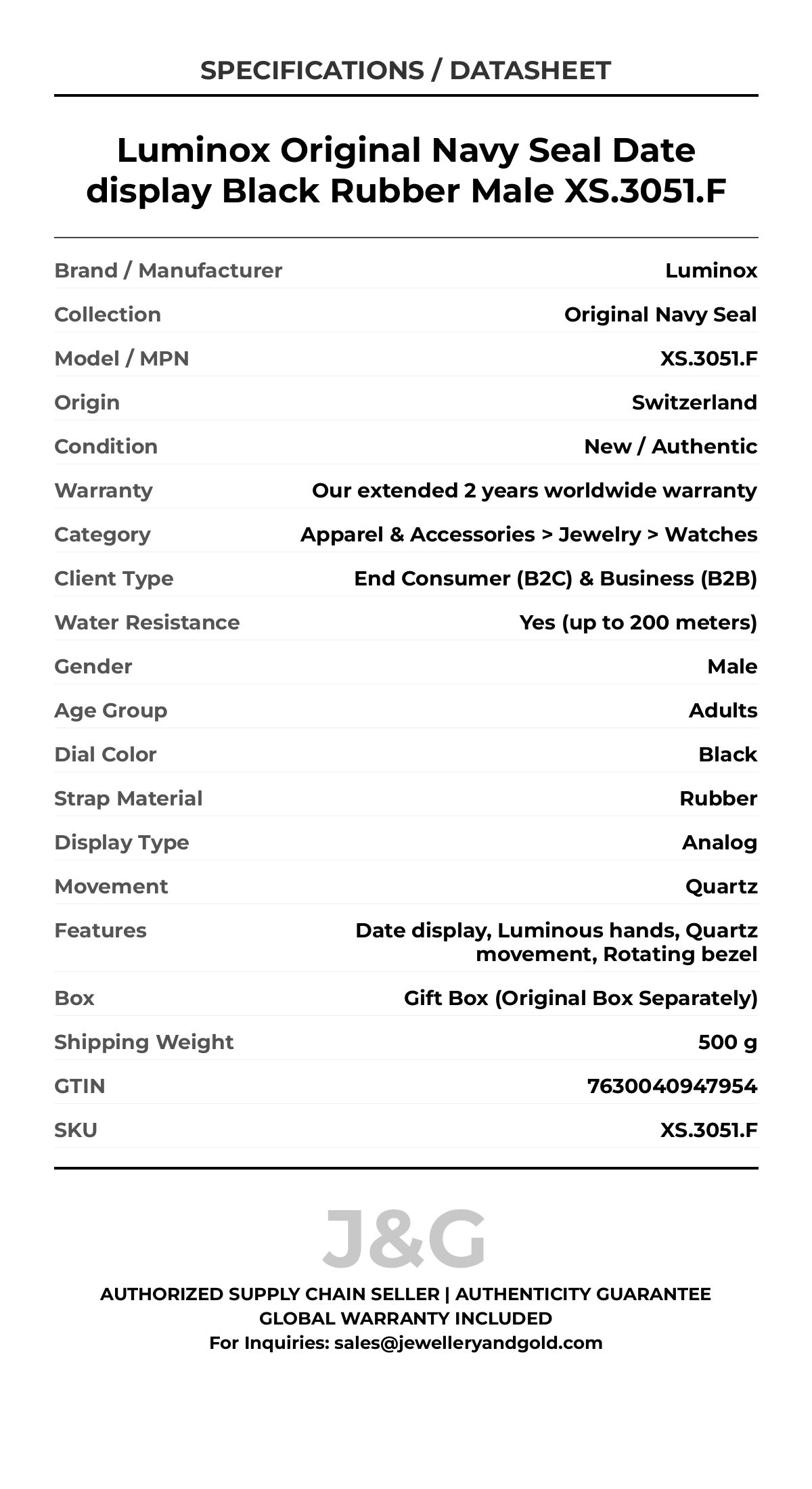 Luminox Original Navy Seal Date display Black Rubber Male XS.3051.F - Specifications