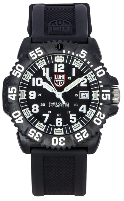 Luminox Original Navy Seal Date display Black Rubber Male XS.3051.F. A brand-new Luminox Original Navy Seal watch featuring a Black dial and a Rubber strap. Angled view.