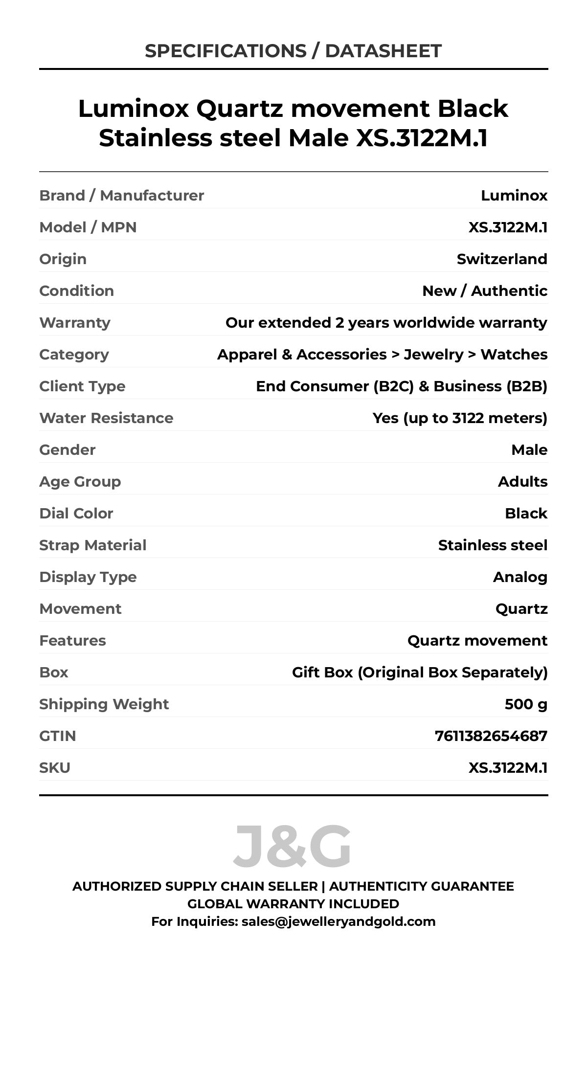 Luminox Quartz movement Black Stainless steel Male XS.3122M.1 - Specifications