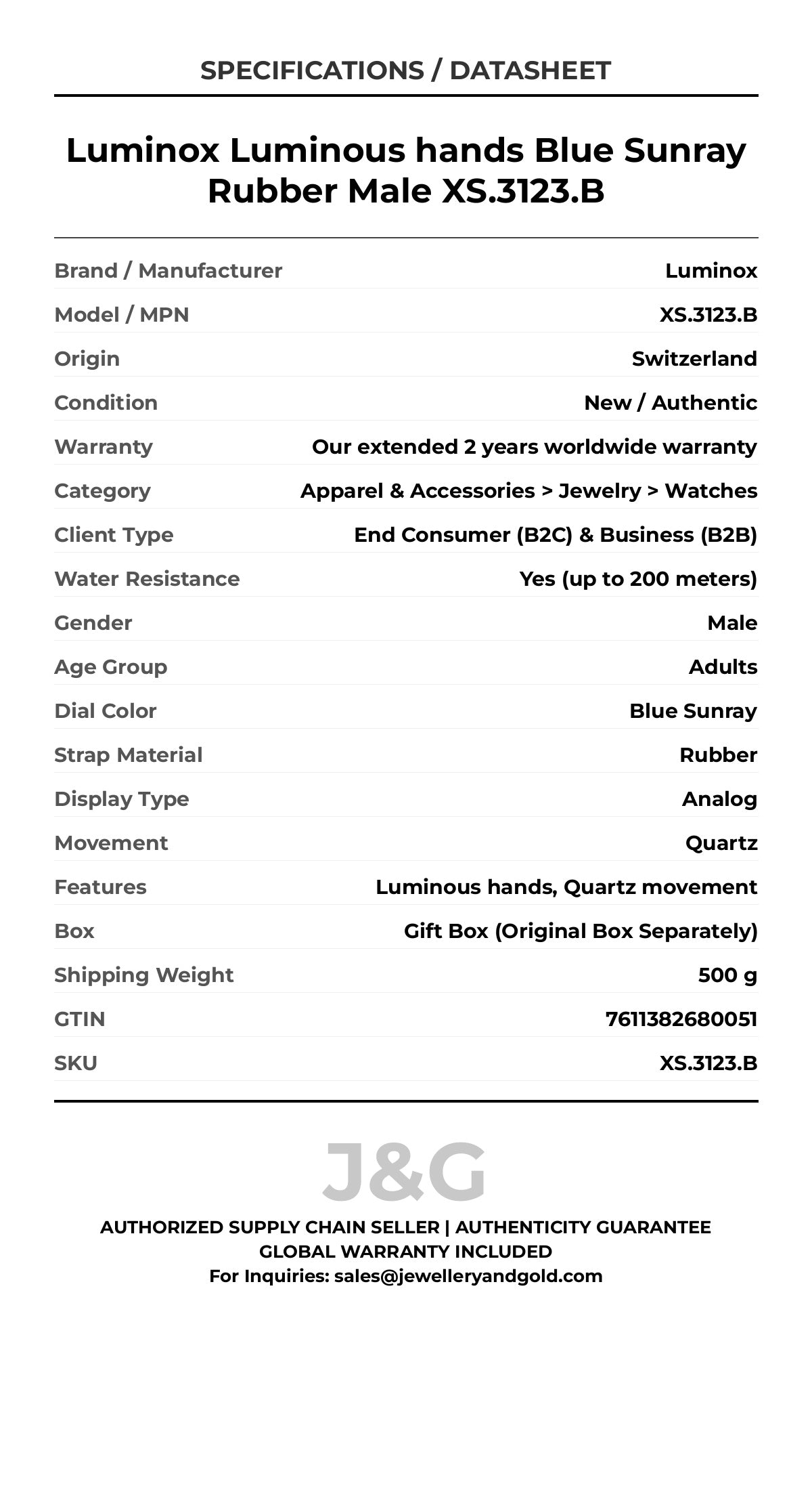 Luminox Luminous hands Blue Sunray Rubber Male XS.3123.B - Specifications