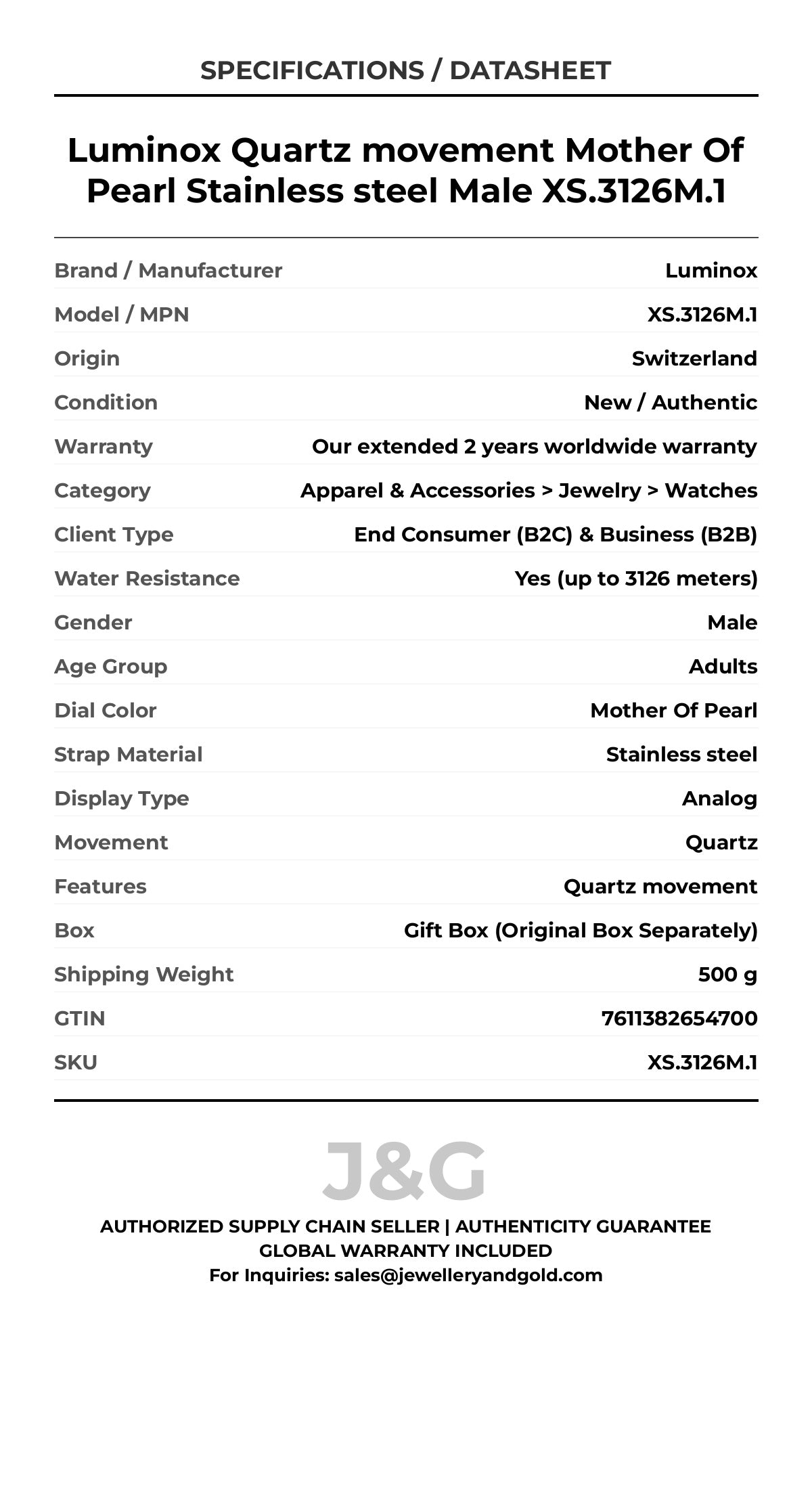 Luminox Quartz movement Mother Of Pearl Stainless steel Male XS.3126M.1 - Specifications