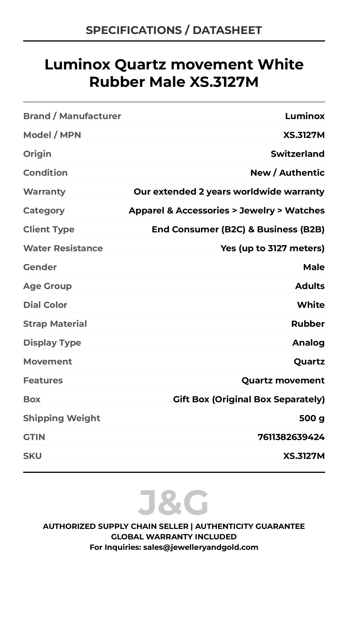 Luminox Quartz movement White Rubber Male XS.3127M - Specifications