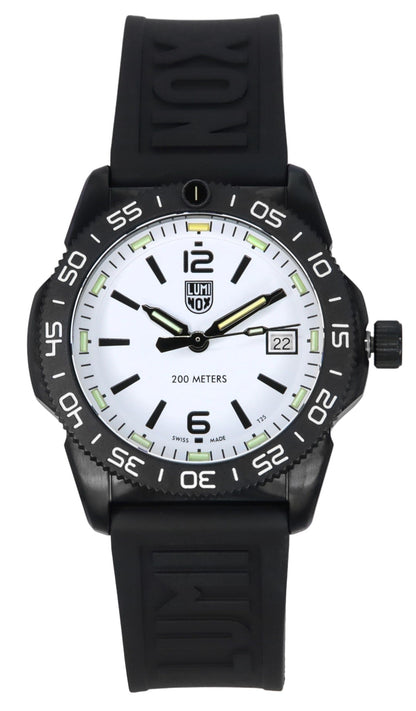 Luminox Quartz movement White Rubber Male XS.3127M. A brand-new Luminox watch featuring a White dial and a Rubber strap. Side view.