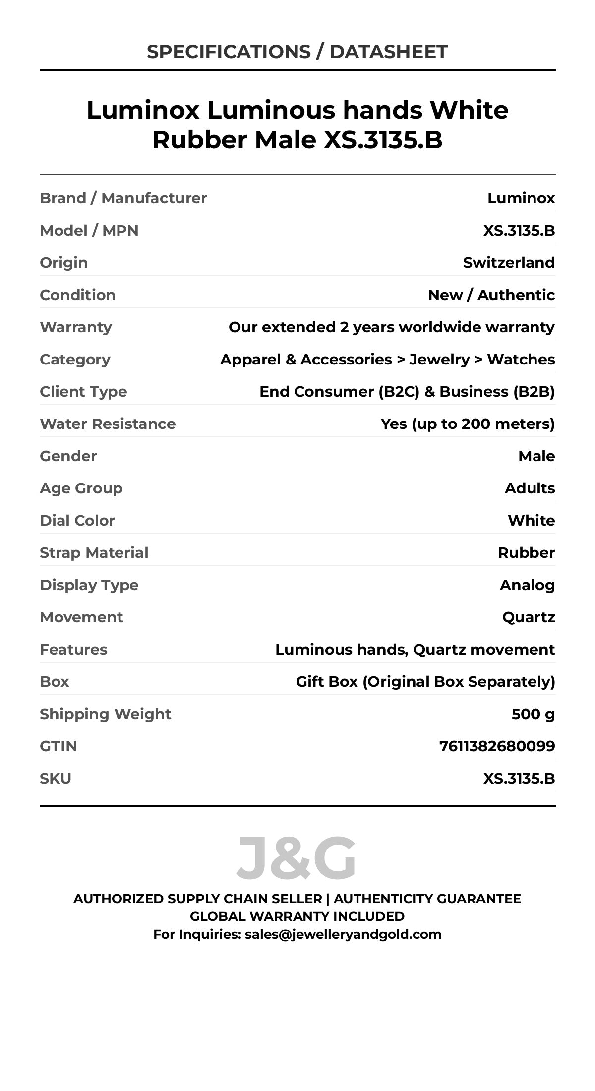 Luminox Luminous hands White Rubber Male XS.3135.B - Specifications