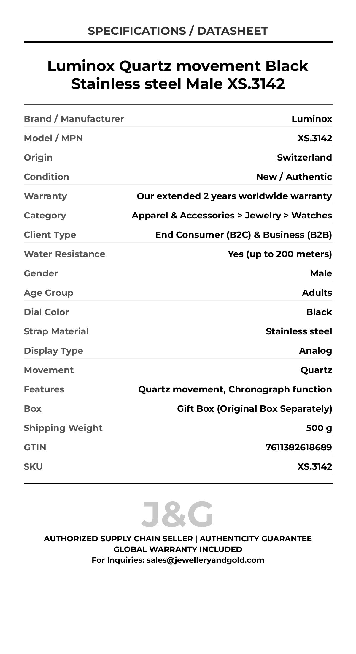 Luminox Quartz movement Black Stainless steel Male XS.3142 - Specifications