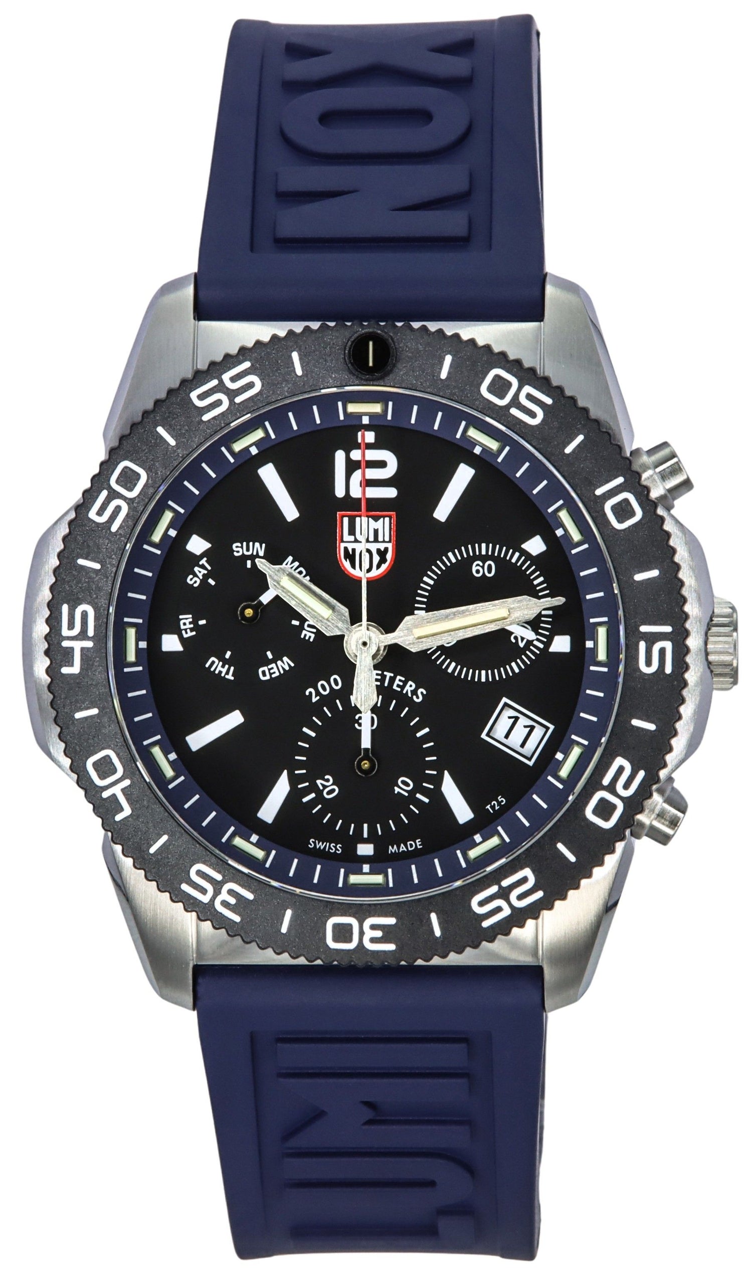 Luminox Date display Black Rubber Male XS.3143. A brand-new Luminox watch featuring a Black dial and a Rubber strap. Side view.
