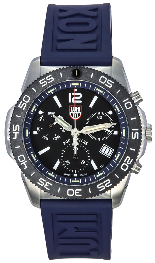 Luminox Date display Black Rubber Male XS.3143. A brand-new Luminox watch featuring a Black dial and a Rubber strap. Side view.