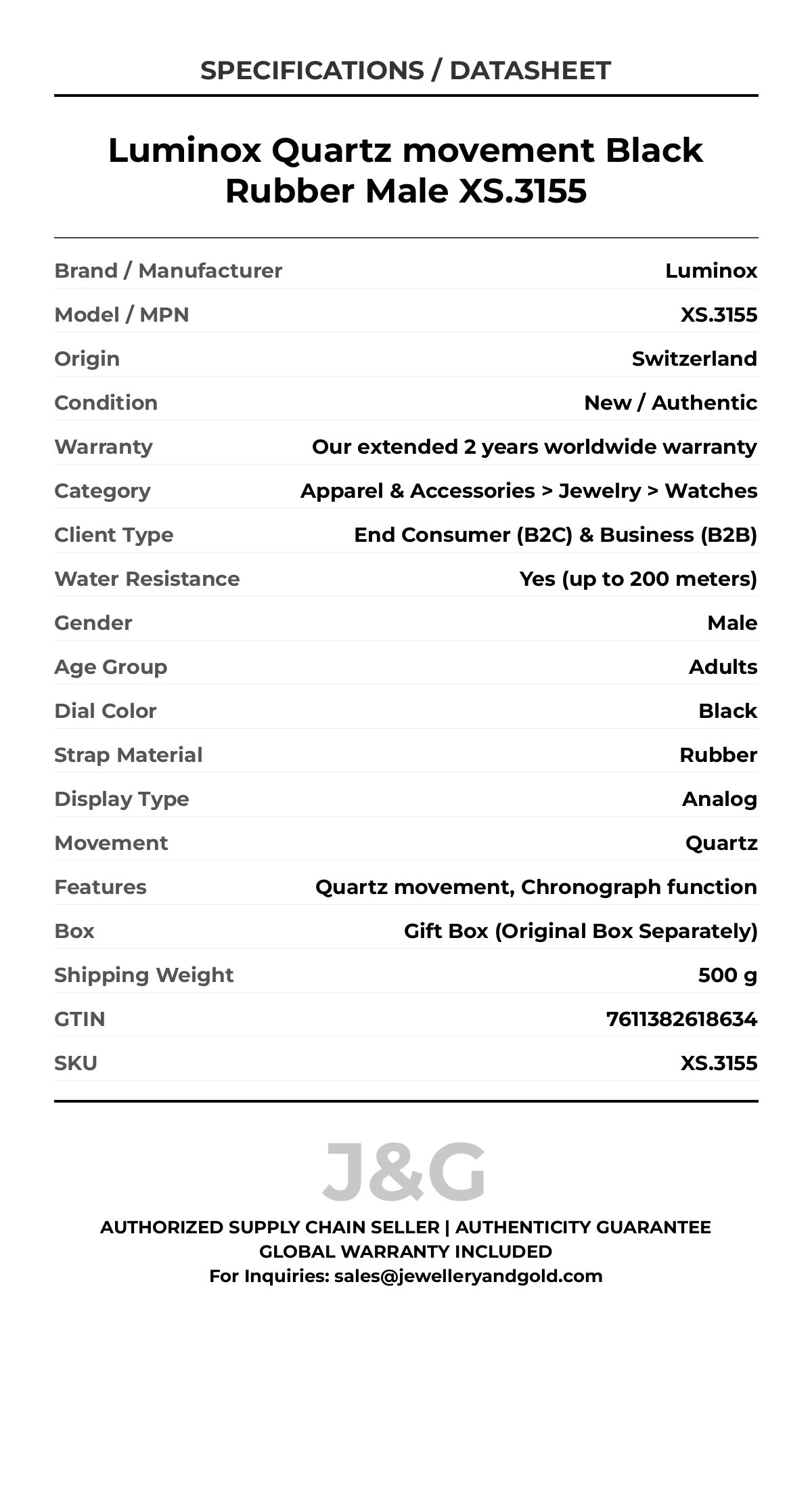 Luminox Quartz movement Black Rubber Male XS.3155 - Specifications