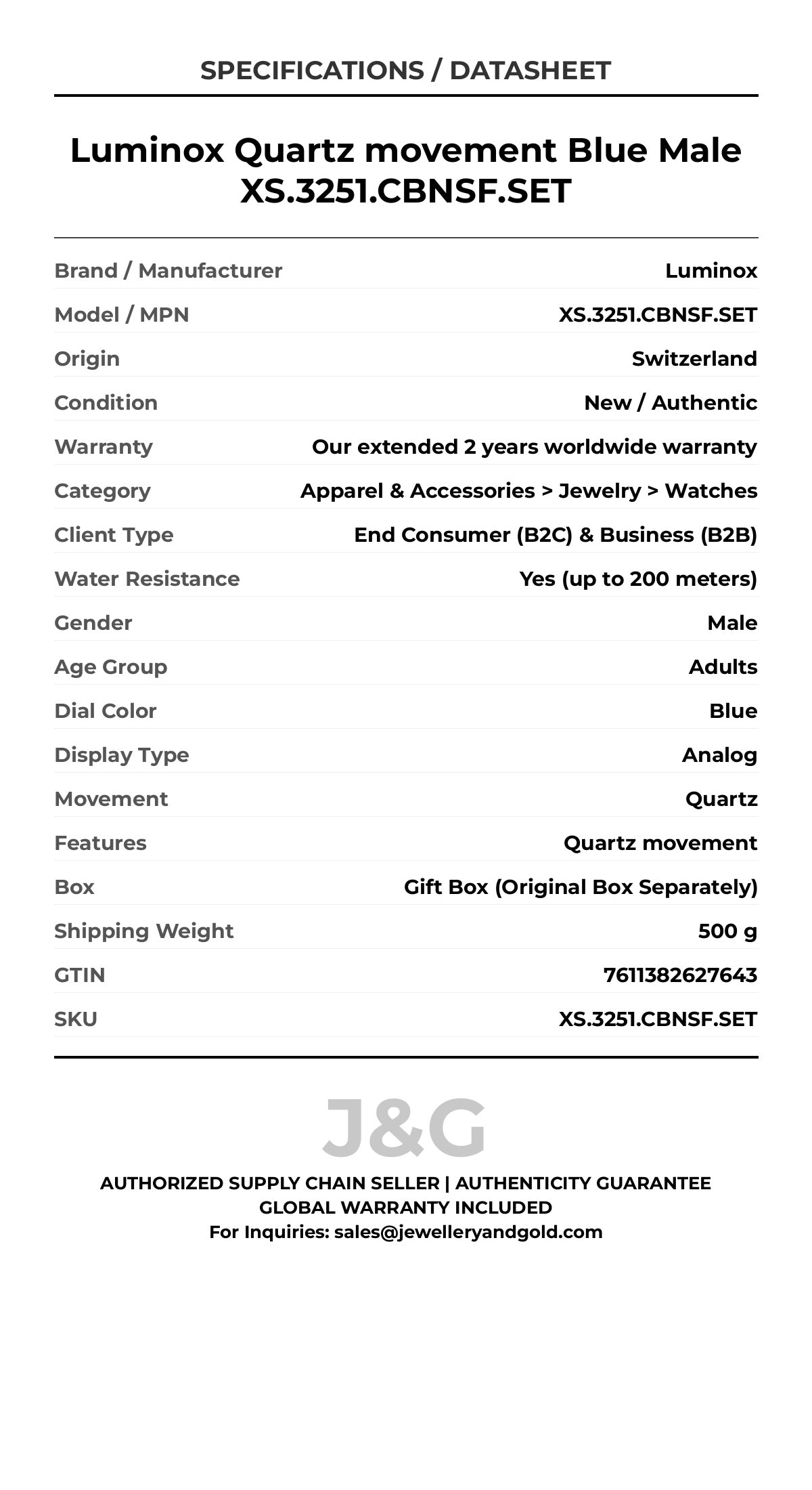 Luminox Quartz movement Blue Male XS.3251.CBNSF.SET - Specifications